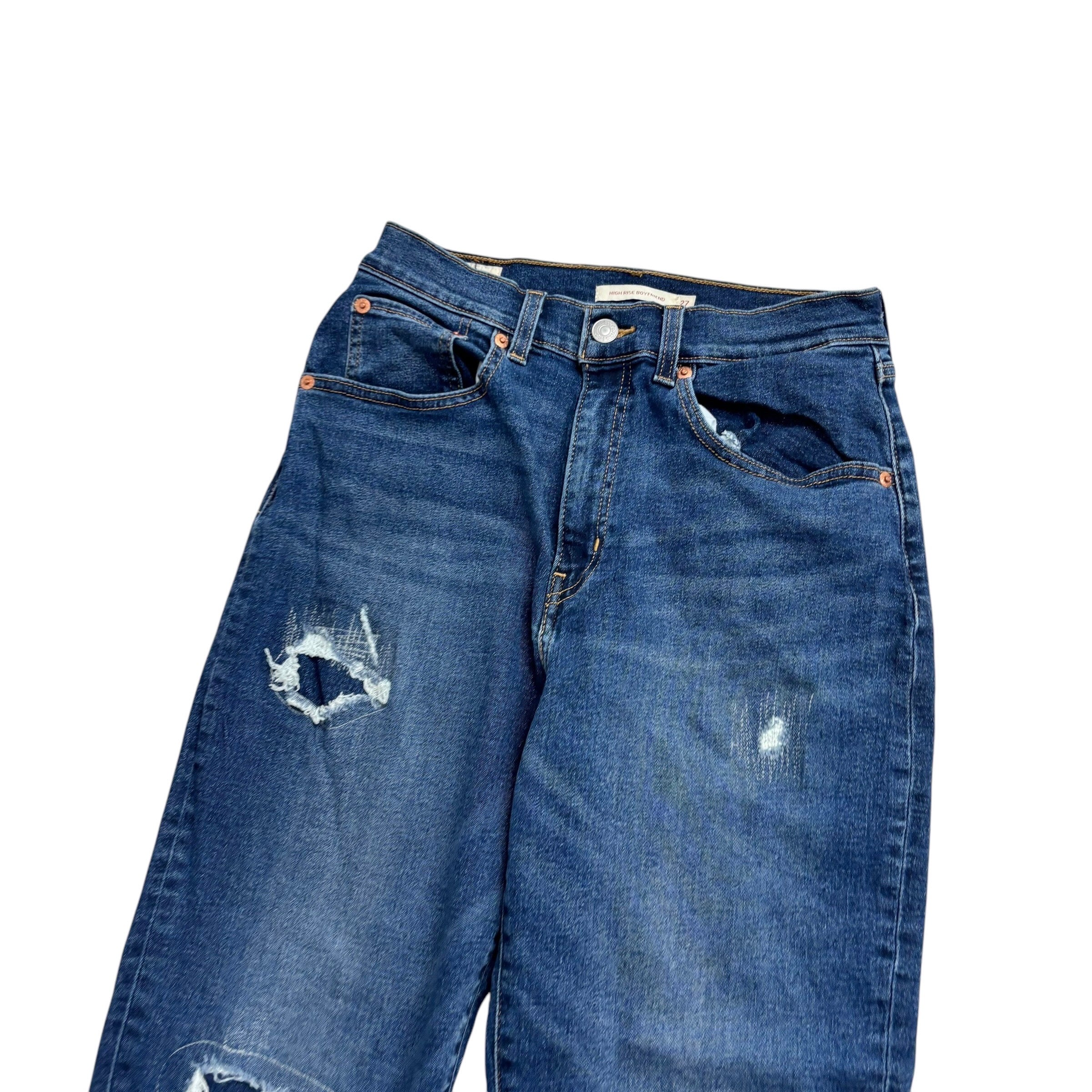 Levis Boyfriend Jeans W27 L27 Womens Mid Blue High Rise Distressed Stretch Denim