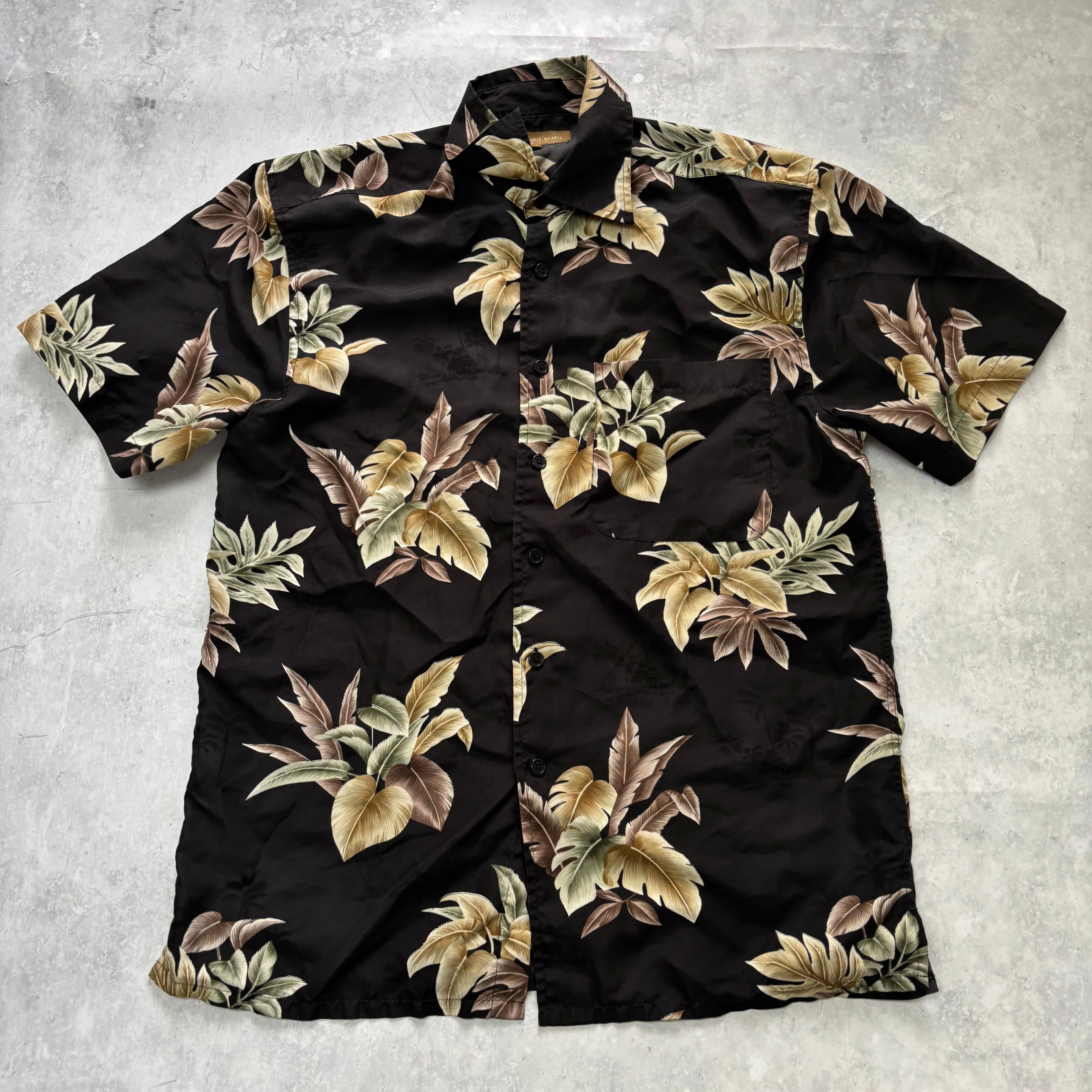 Vintage Hawaiian Shirt Mens Small Black Floral Aloha Short Sleeve Polyester (E)