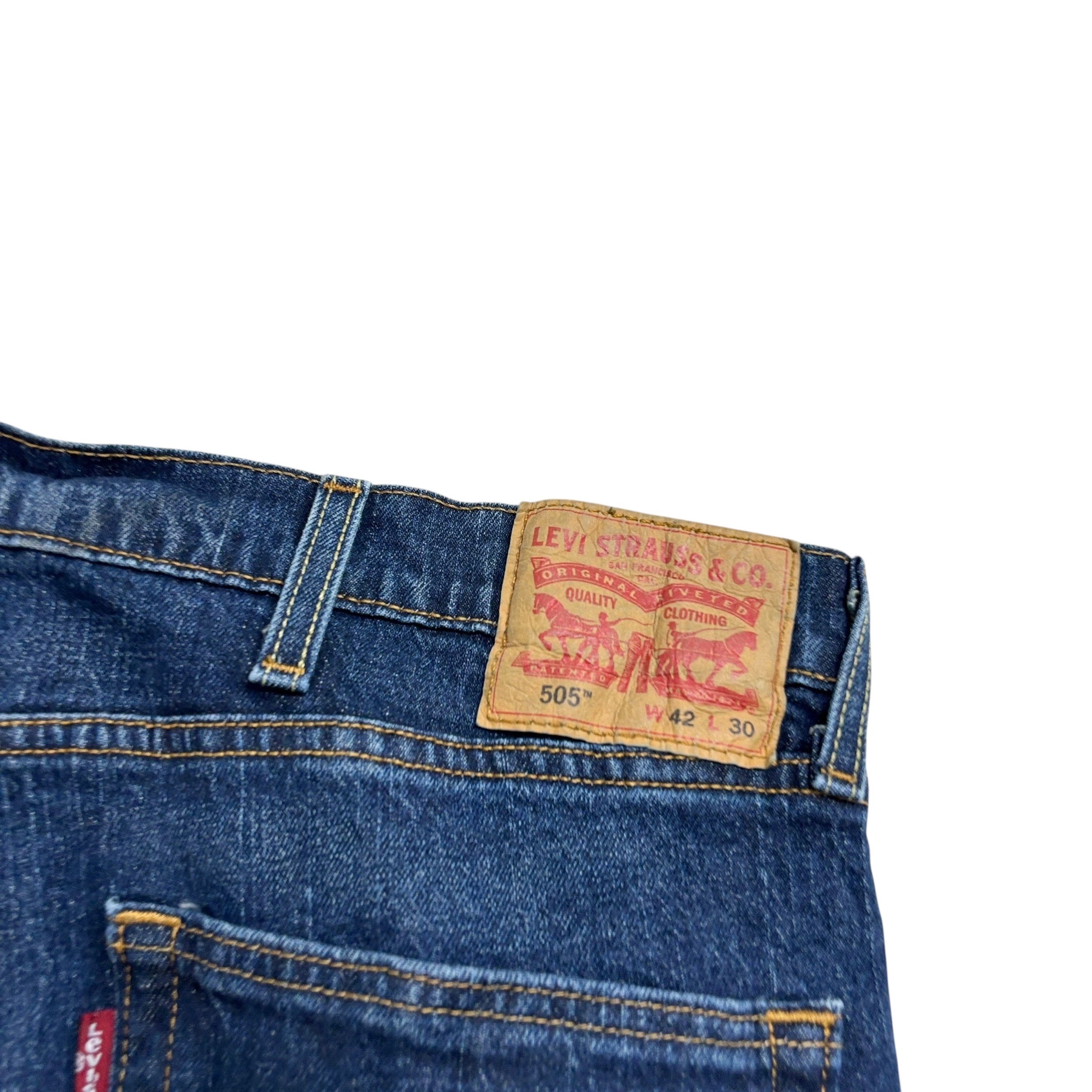 Levis 505 Jeans W42 L30 Mens Dark Blue Regular Straight Fit Stretch Denim (E)