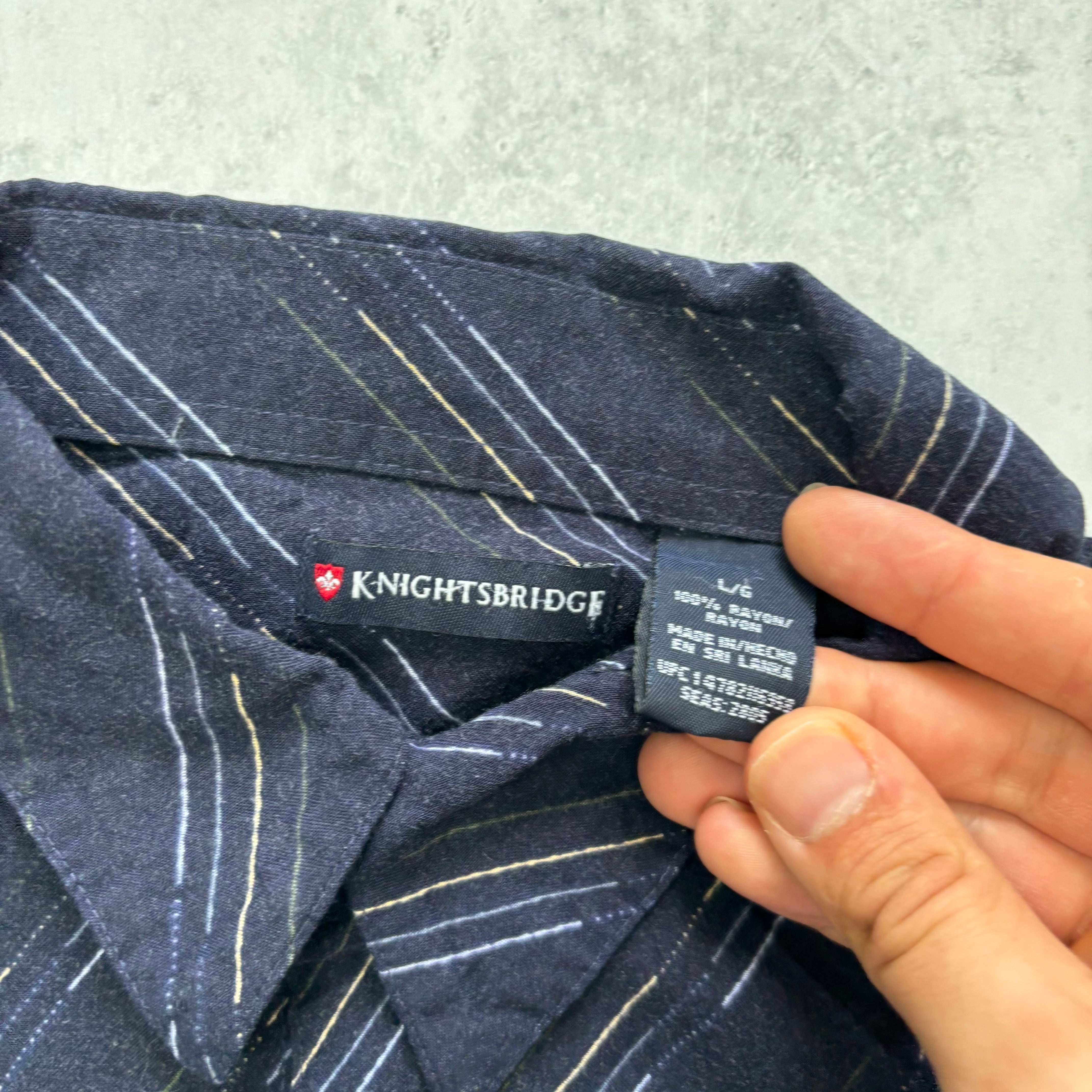 Vintage Shirt Mens Large Navy Blue Striped Short Sleeve Rayon