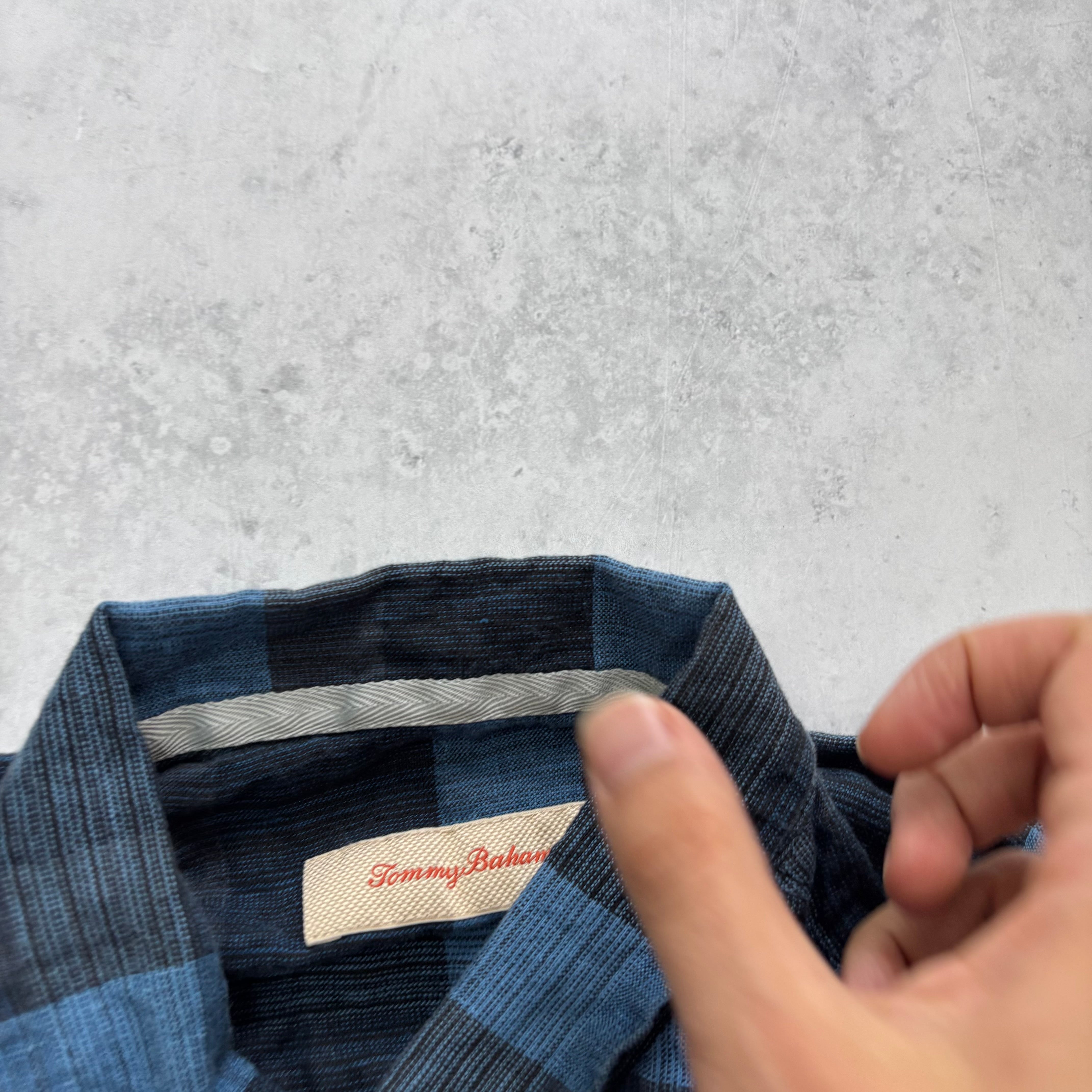Vintage Tommy Bahama Shirt Mens Medium Navy Blue Check Linen (E)