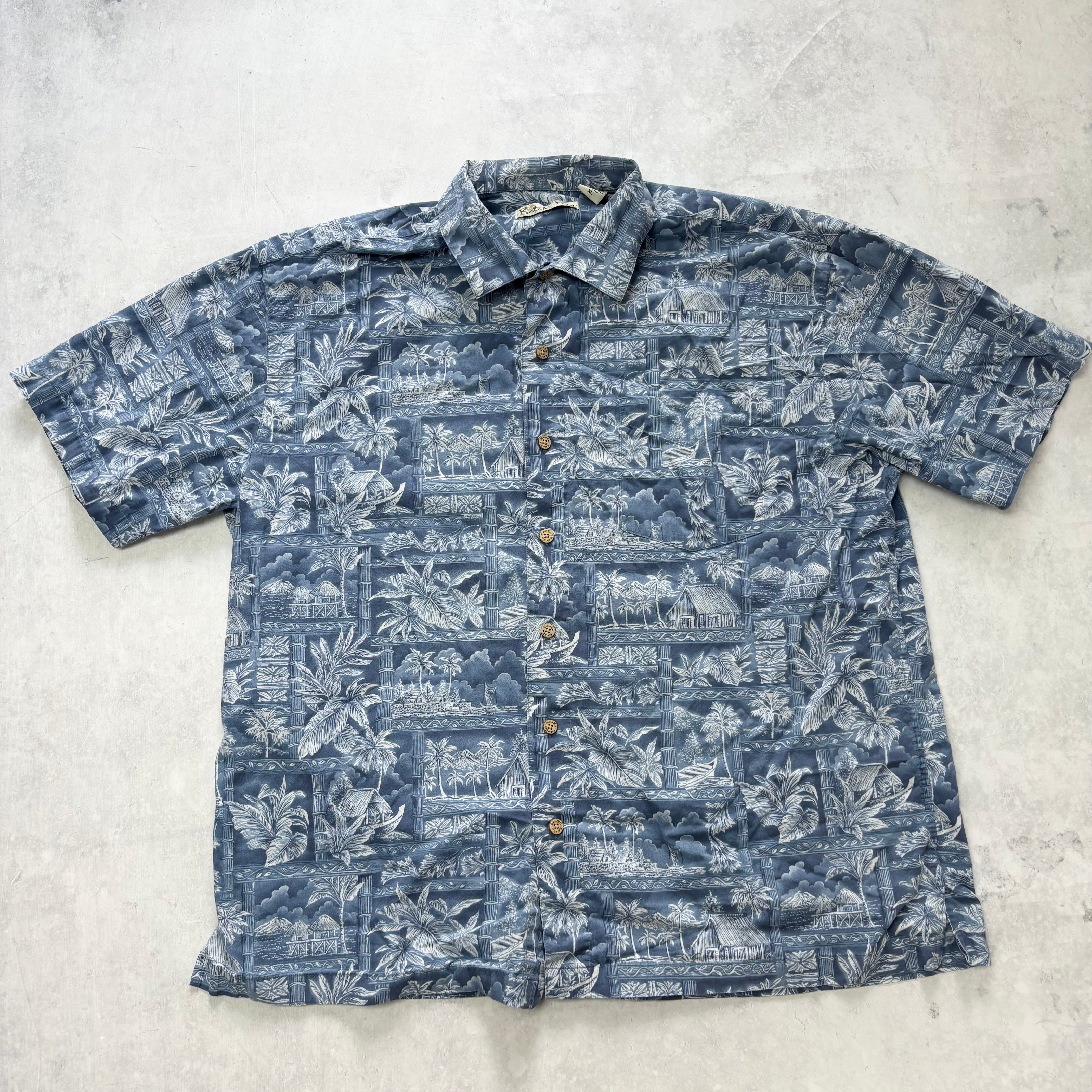 Vintage Hawaiian Shirt Mens XL Blue Floral Aloha Short Sleeve Cotton (E)