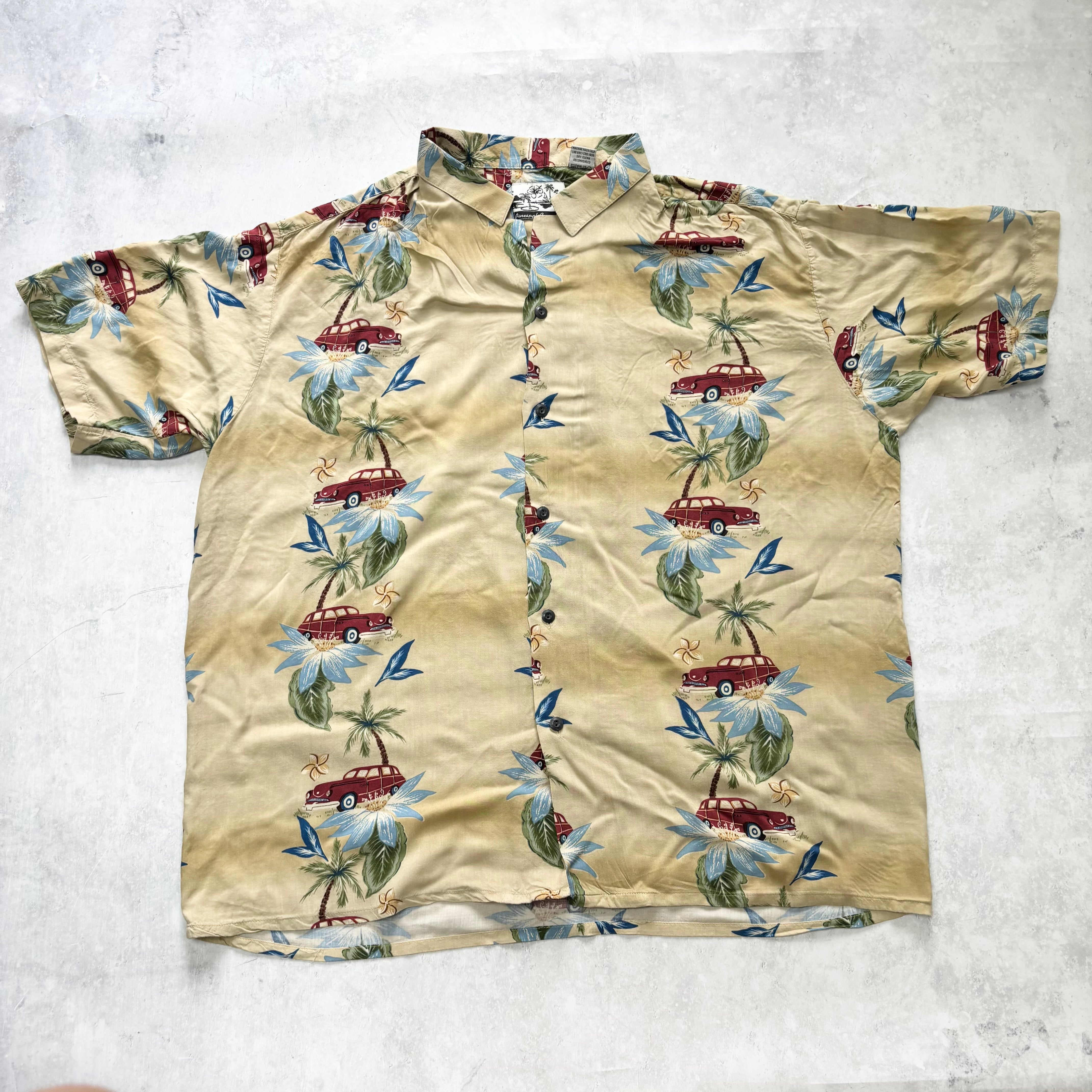 Vintage Hawaiian Shirt Mens XL Tan Floral Aloha Short Sleeve Rayon (E)