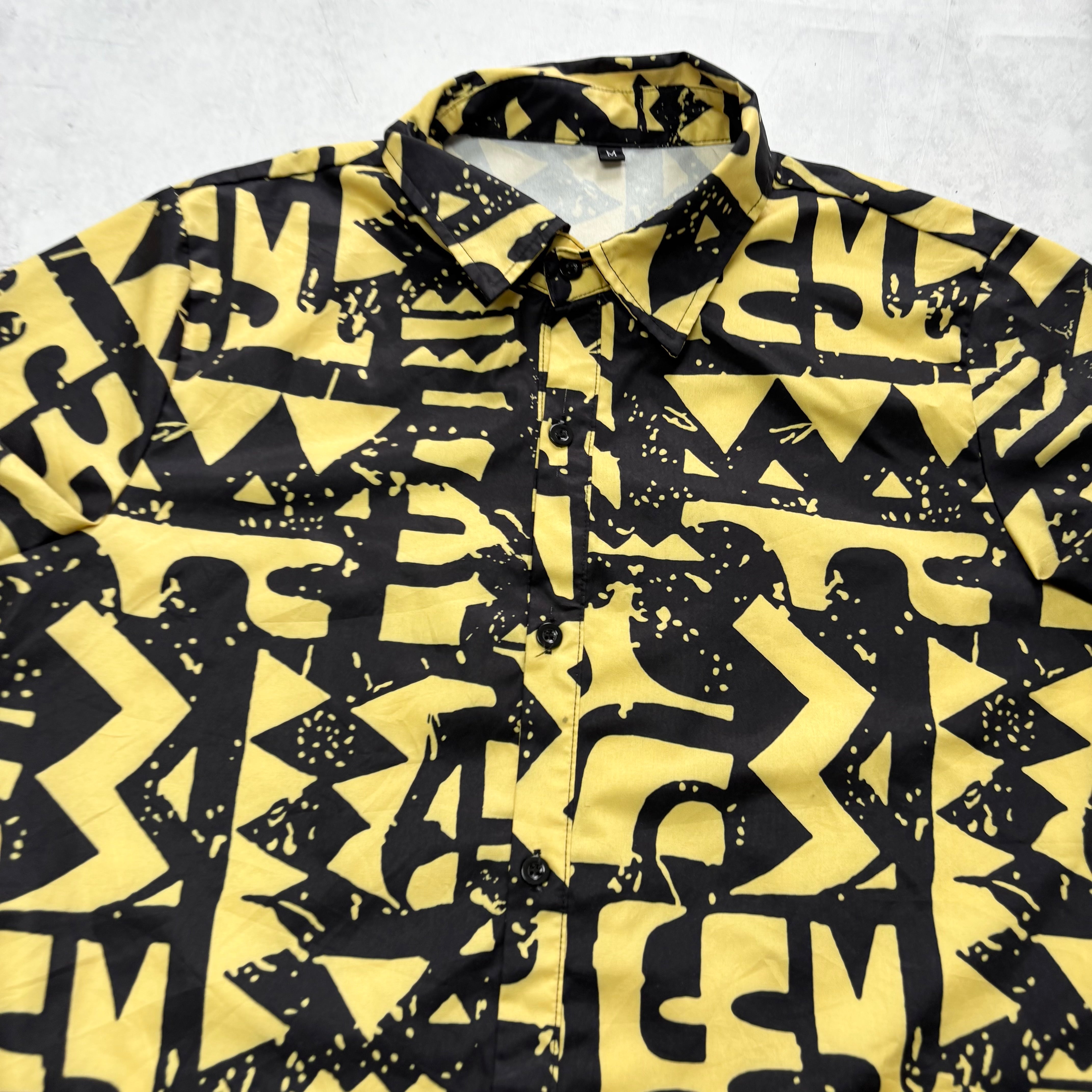 Vintage Funky Shirt Mens Medium Black Yellow Pattern Short Sleeve Poly (E)