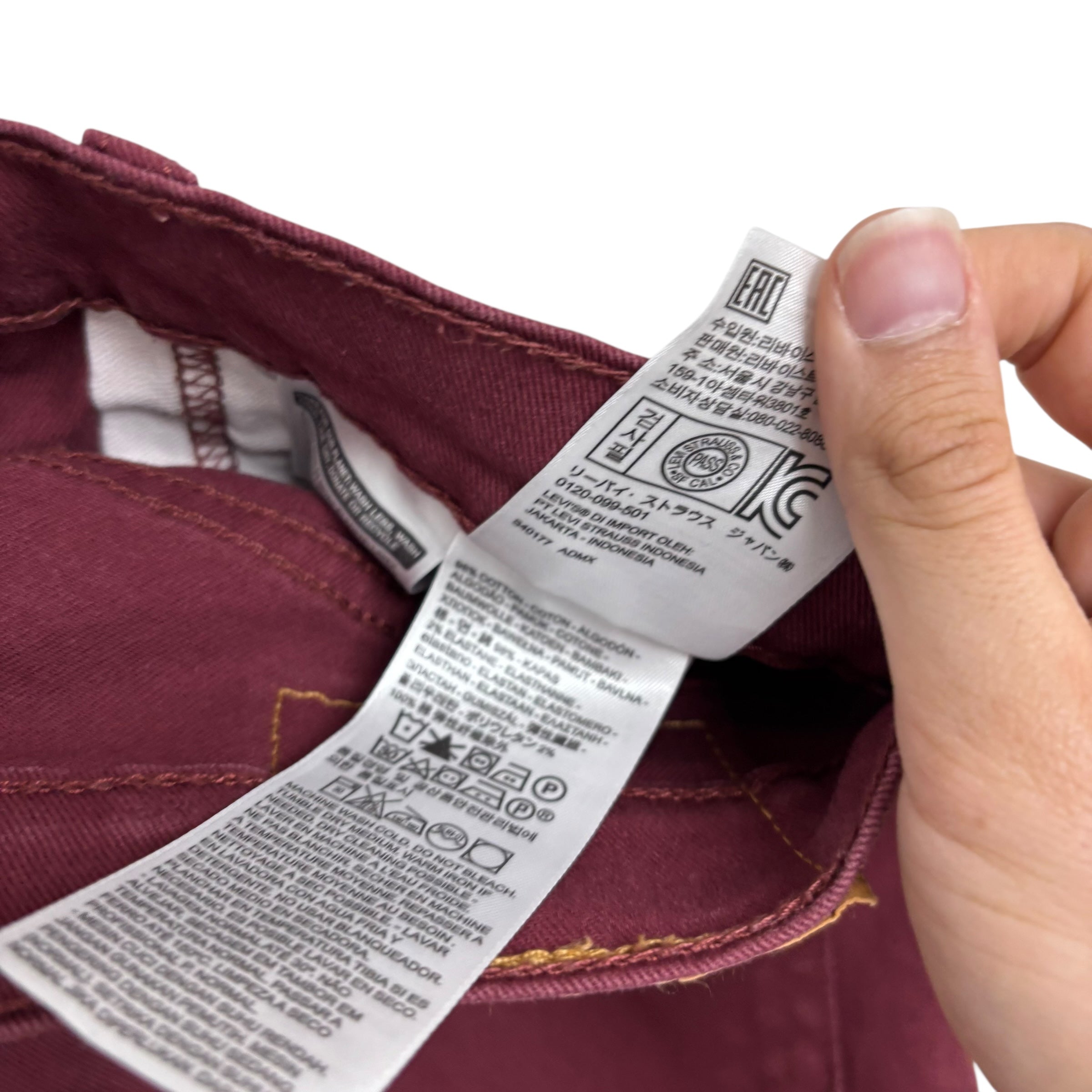 Levis 514 Jeans W30 L29 Mens Burgundy Slim Straight Fit Stretch Denim