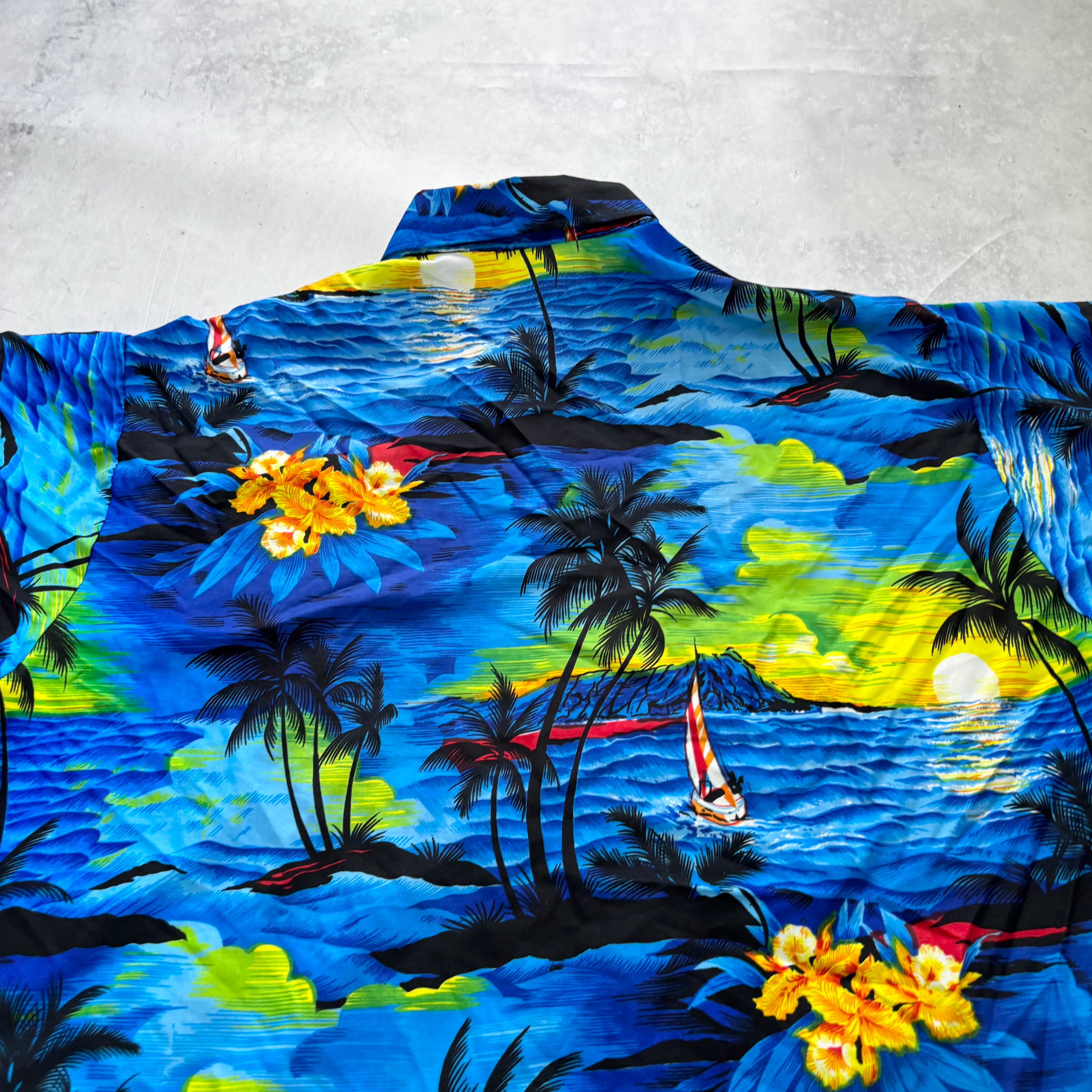 Hawaiian Shirt Mens XXL Blue Floral Aloha Short Sleeve Polyester (E)