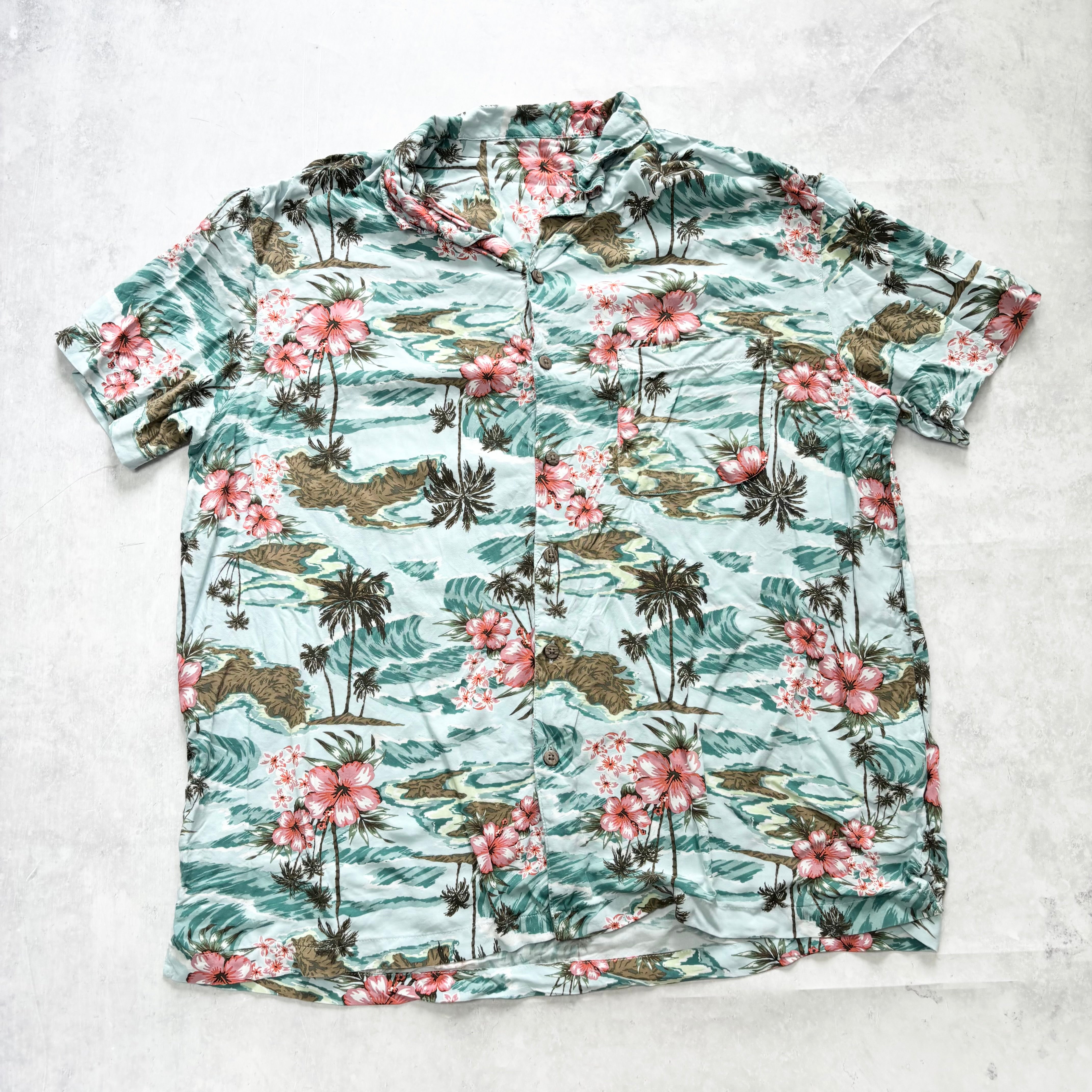 Hawaiian Shirt Mens XL Blue Floral Aloha Short Sleeve Rayon (E)