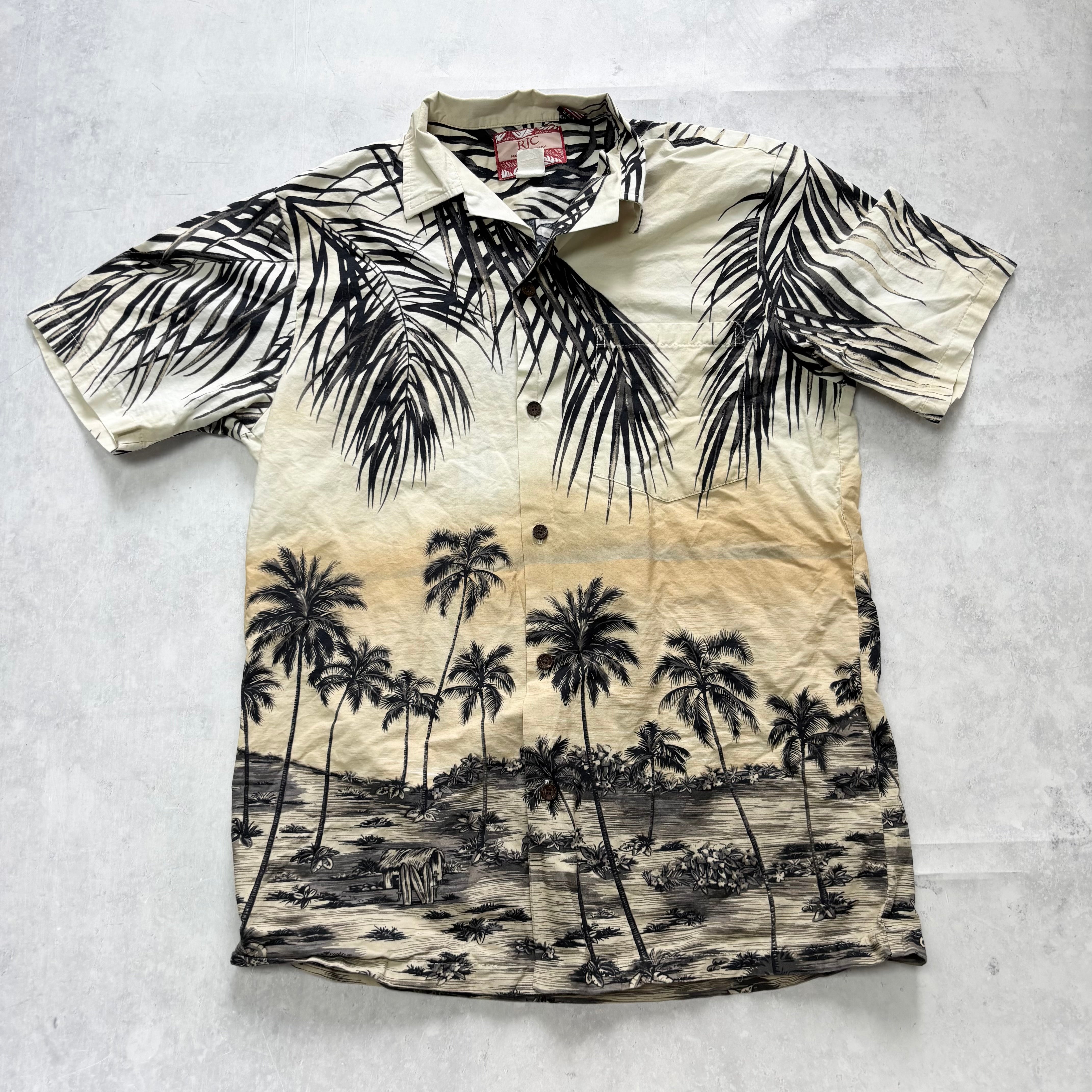 Vintage Hawaiian Shirt Mens Medium Cream Short Sleeve Cotton Regular Fit (E)