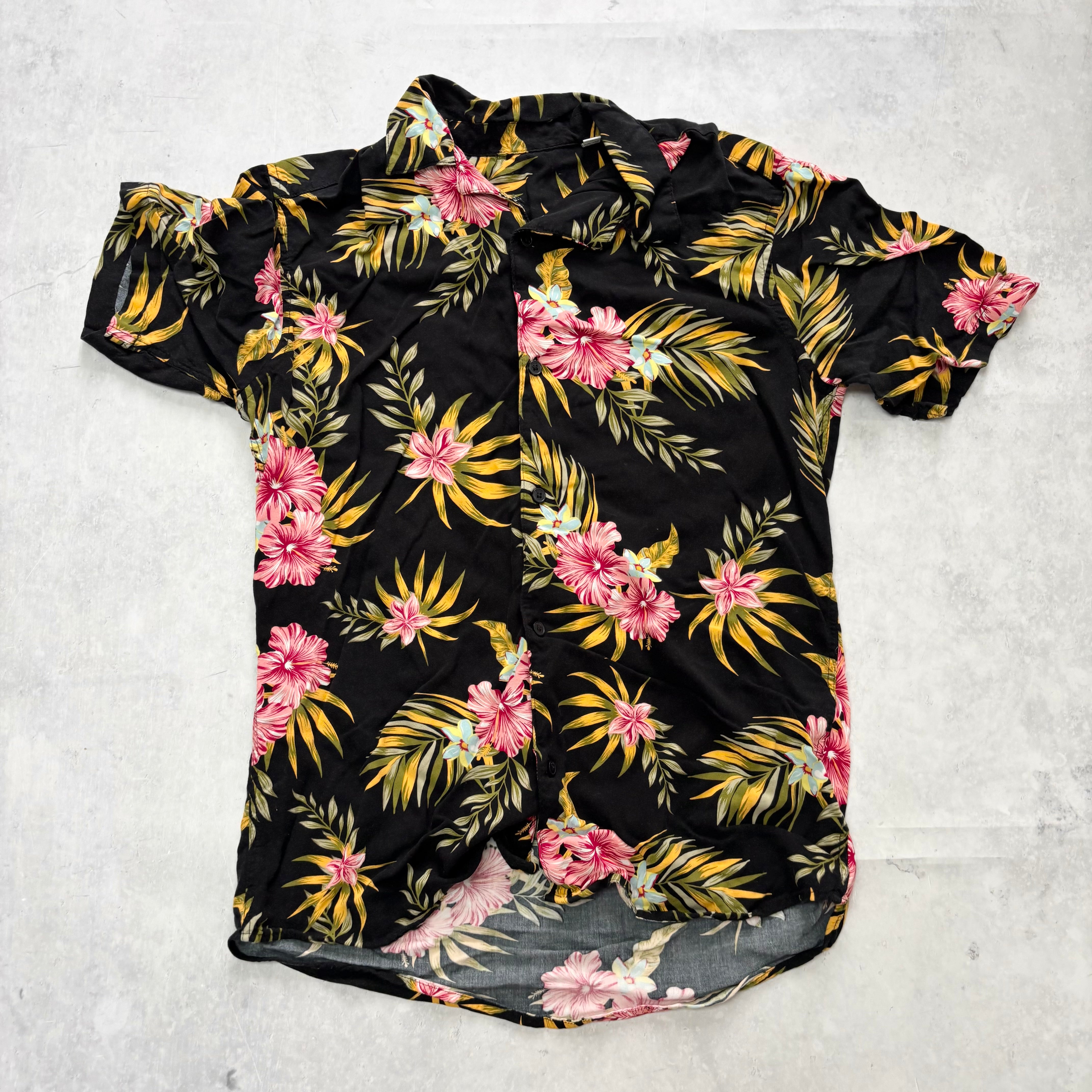 Hawaiian Shirt Mens Medium Black Floral Aloha Short Sleeve Viscose (E)