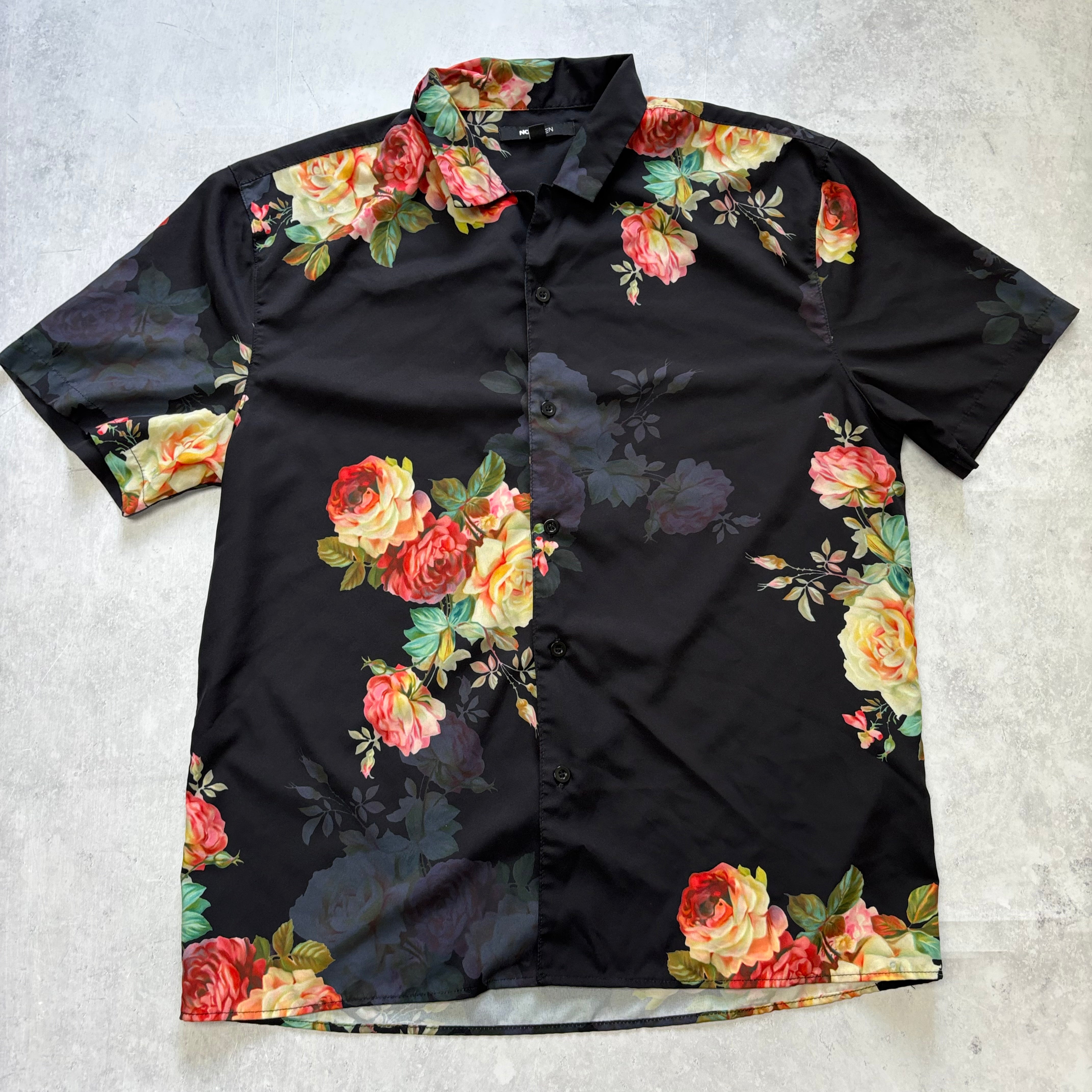 Hawaiian Shirt Mens Large Black Floral Aloha Short Sleeve Lightweight Polyester (E)