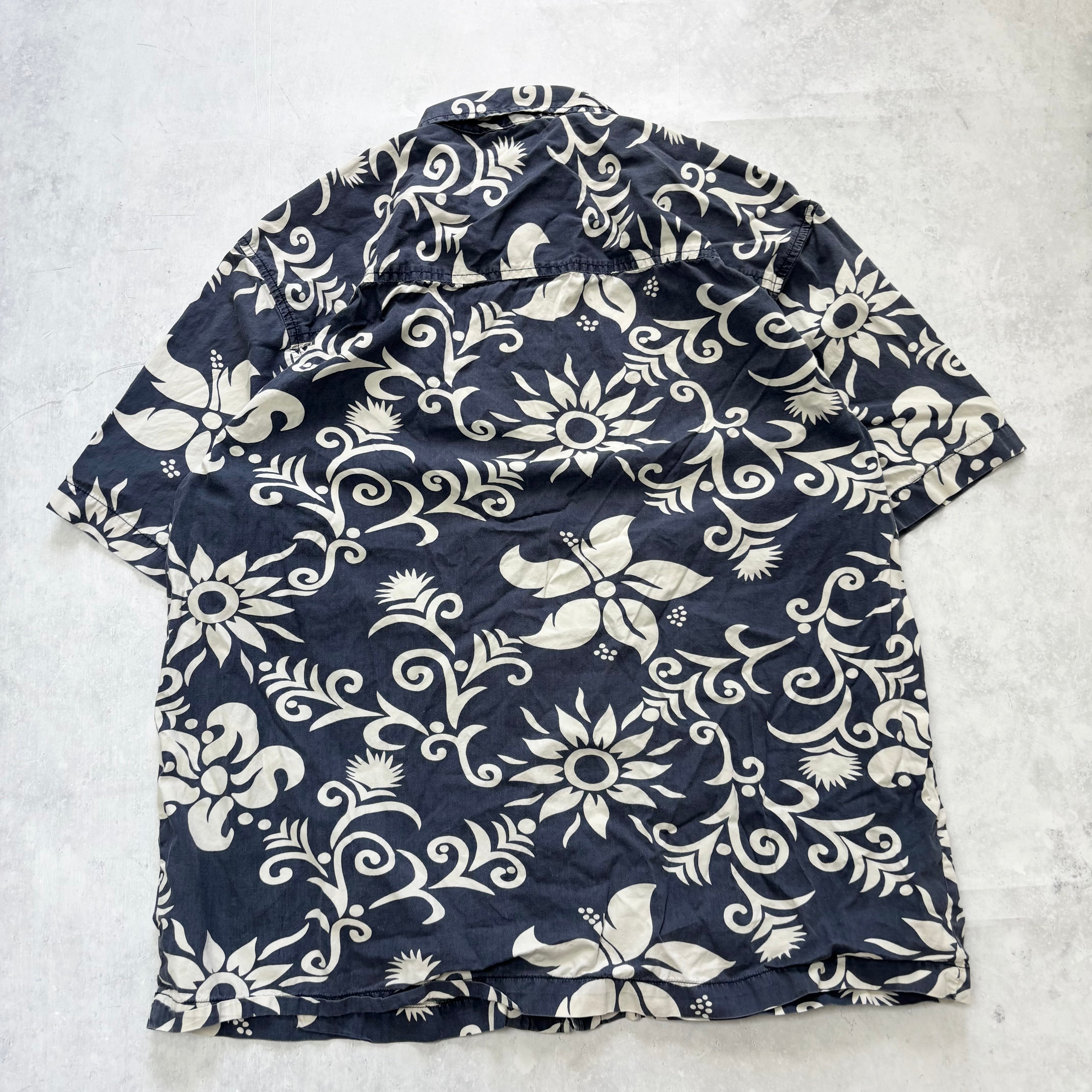 Vintage Hawaiian Shirt Mens Large Navy Floral Aloha Short Sleeve Cotton (E)