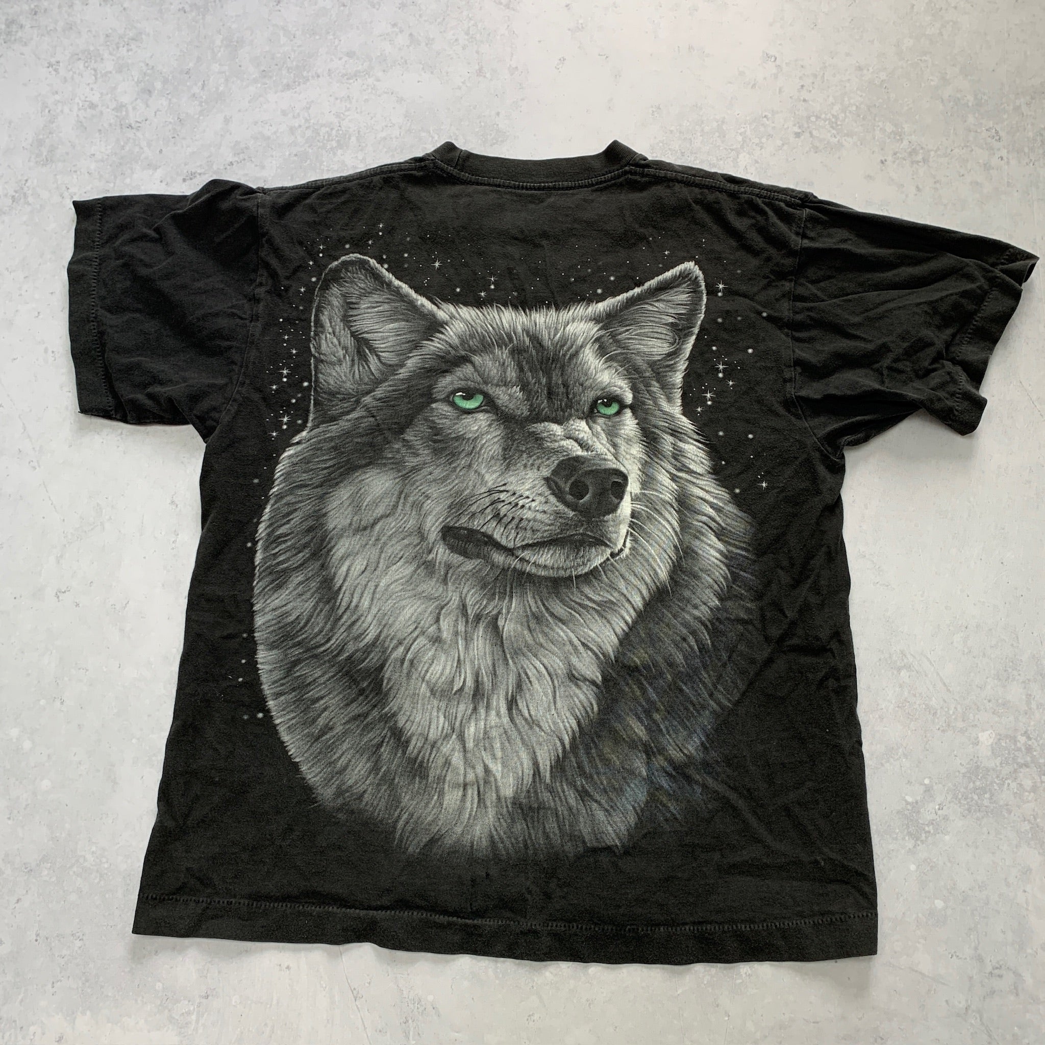 Vintage T Shirt Mens Large Black Single Stitch Graphic Print 90s USA Wolves