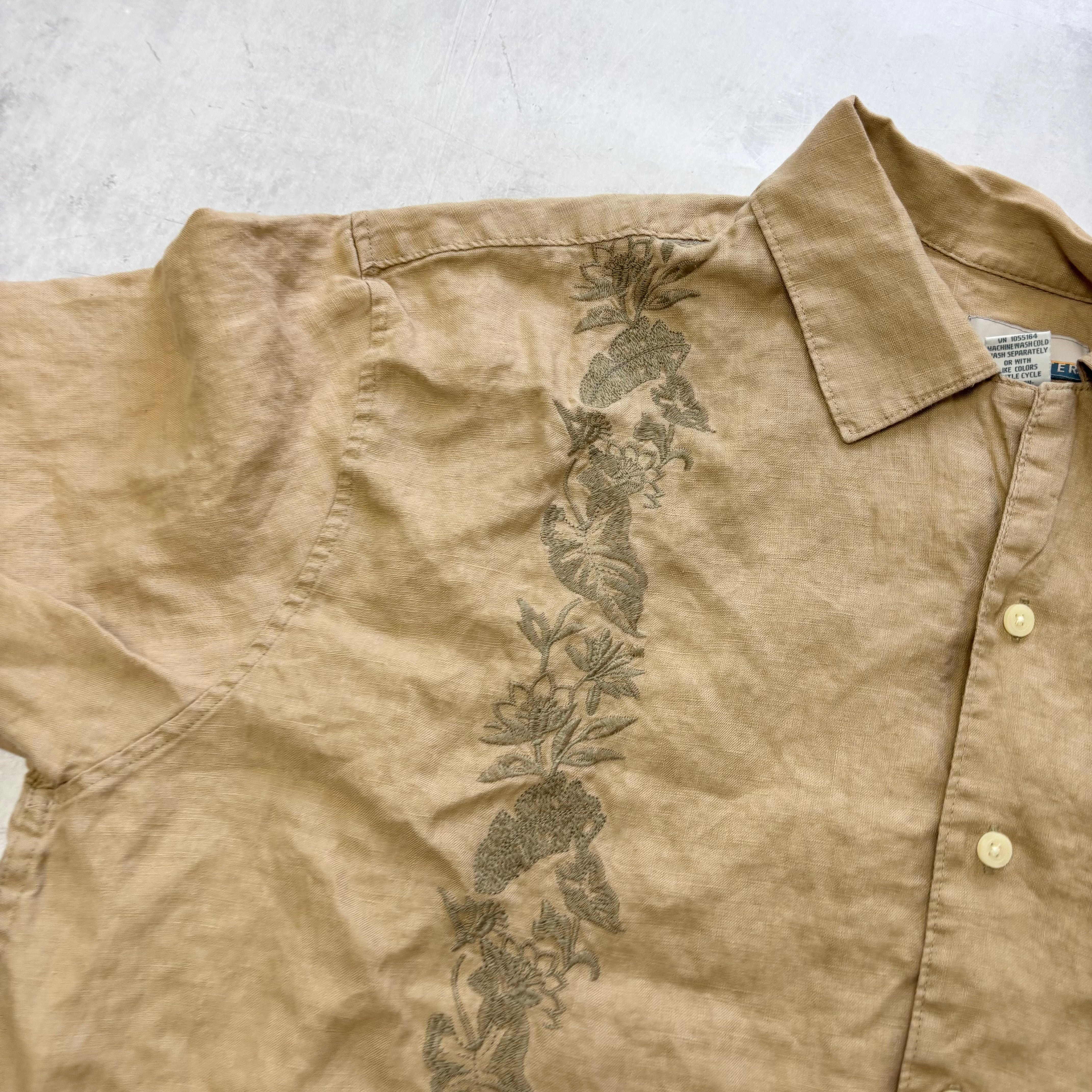 Vintage Hawaiian Shirt Mens Large Brown Floral Aloha Short Sleeve Linen (E)