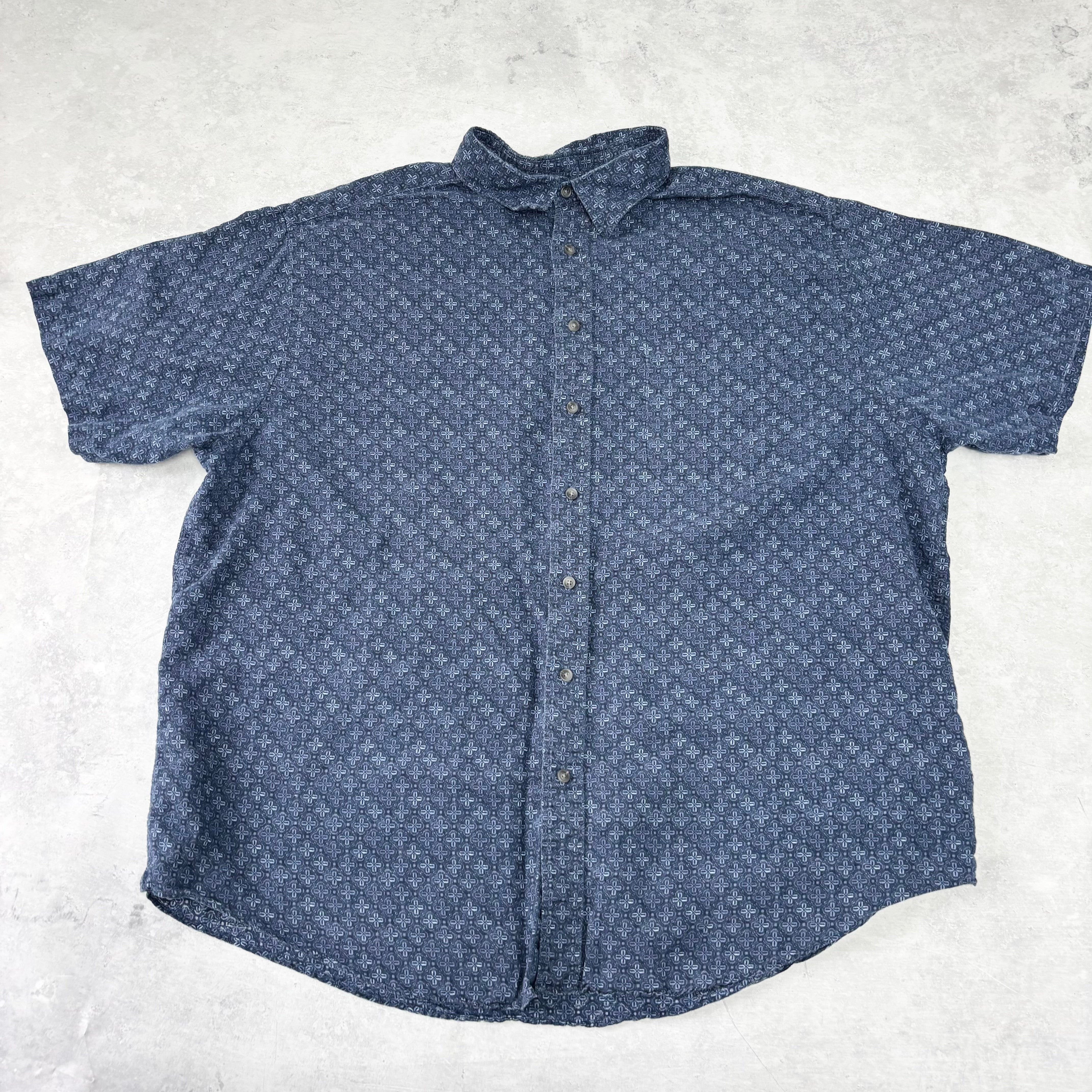 Vintage Shirt Mens XXL Navy Blue Short Sleeve Linen Blend Pattern (E)