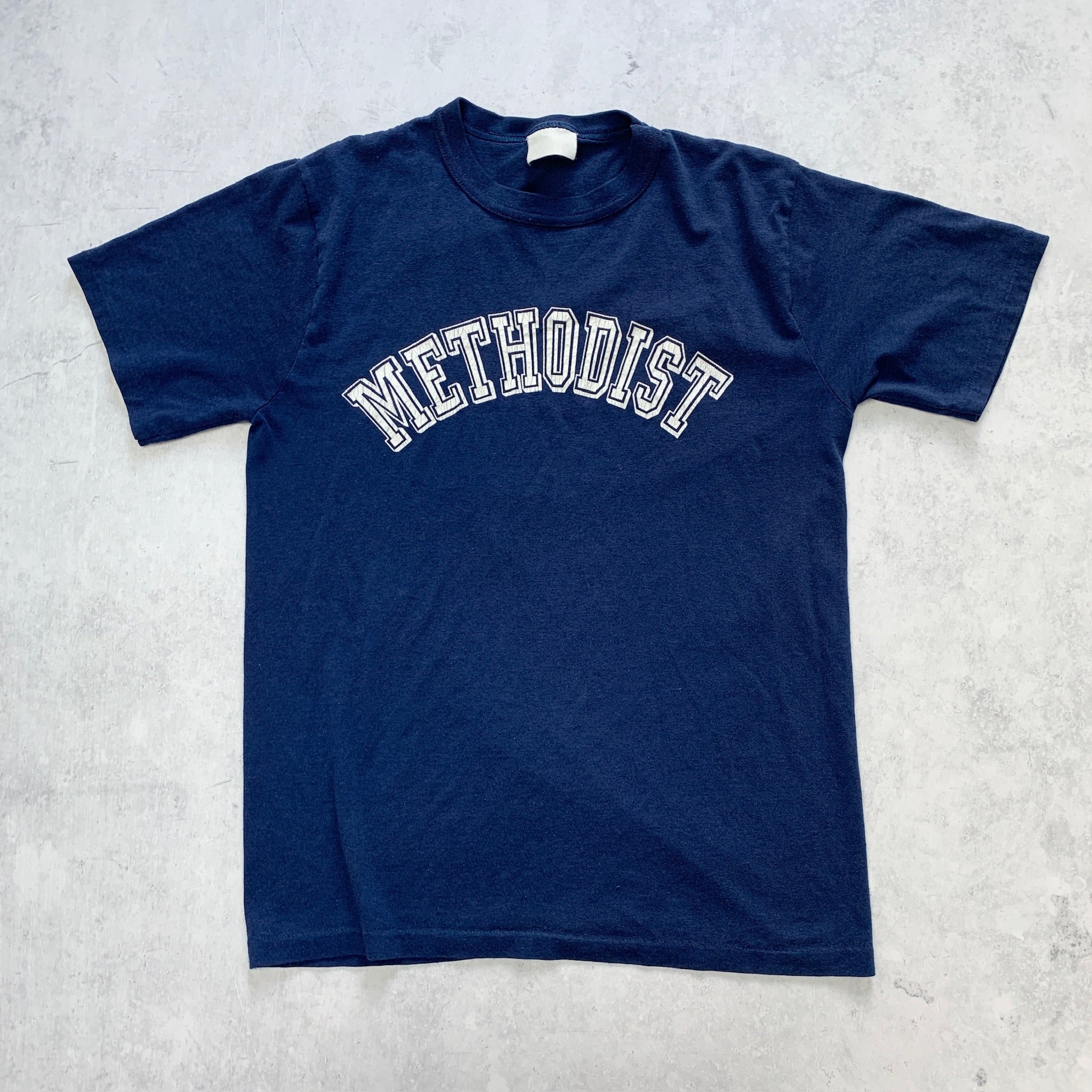 Vintage T Shirt Mens Small Navy Blue Single Stitch Graphic Print 80s Methodist