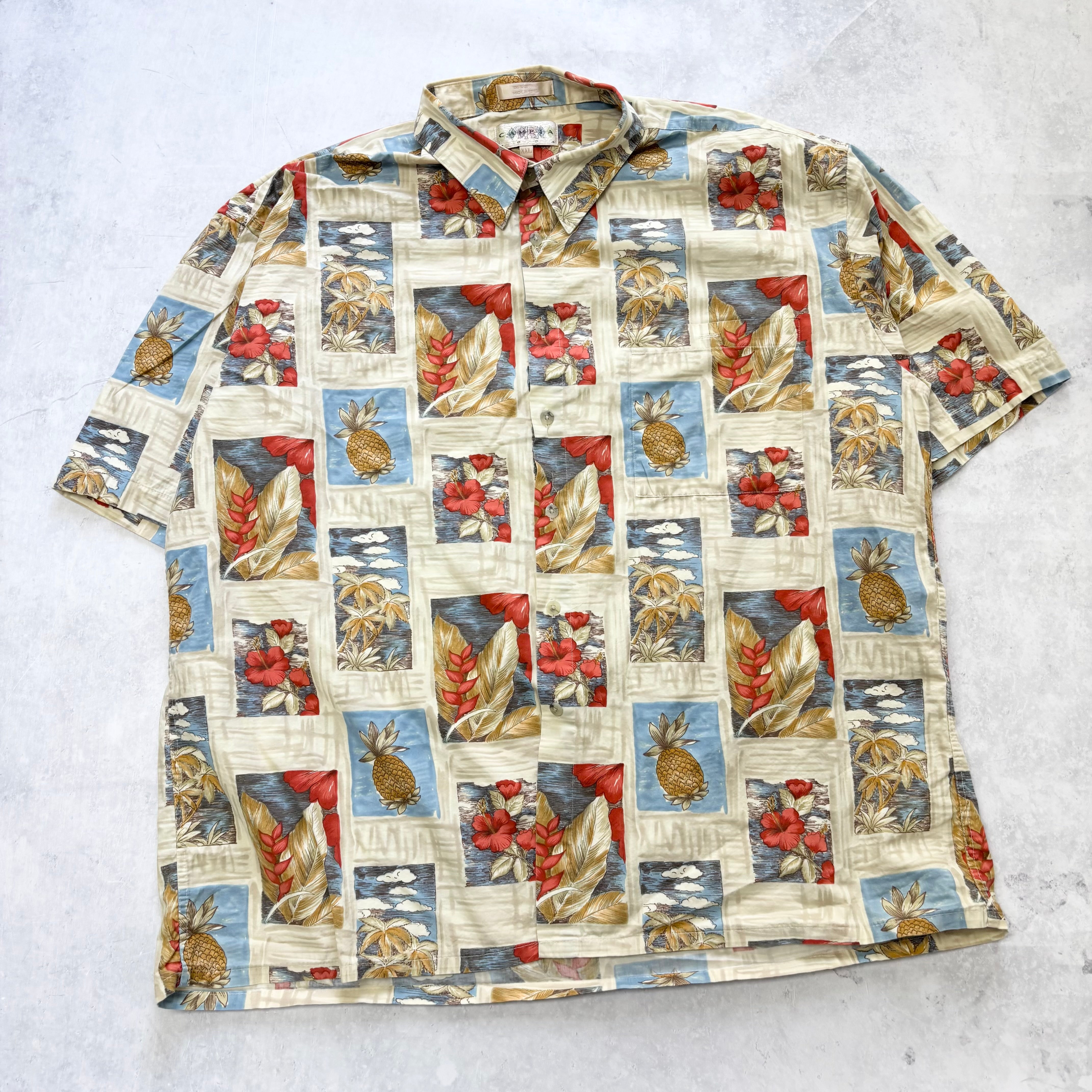 Vintage Hawaiian Shirt Mens XXL Beige Floral Aloha Short Sleeve Rayon (E)