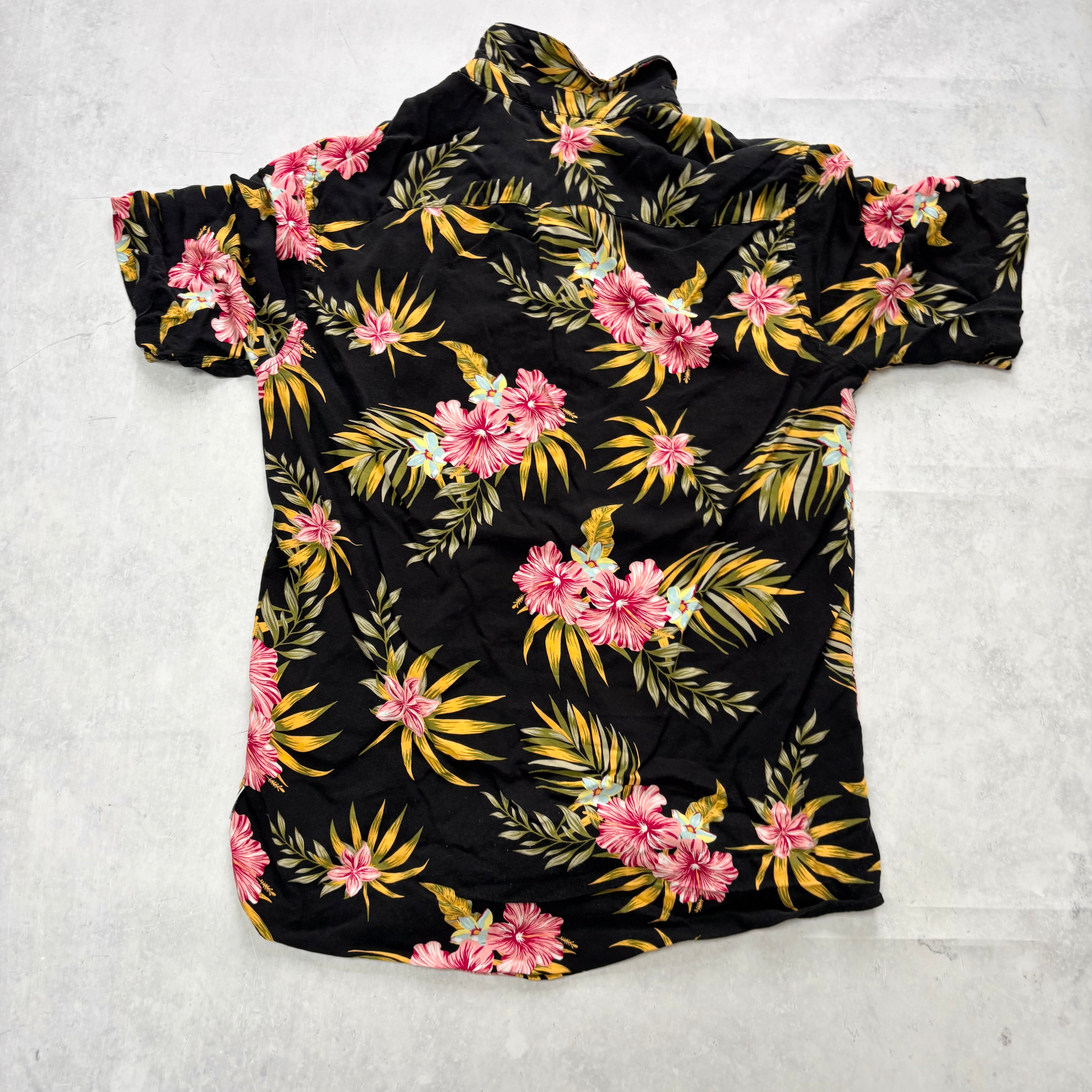 Hawaiian Shirt Mens Medium Black Floral Aloha Short Sleeve Viscose (E)