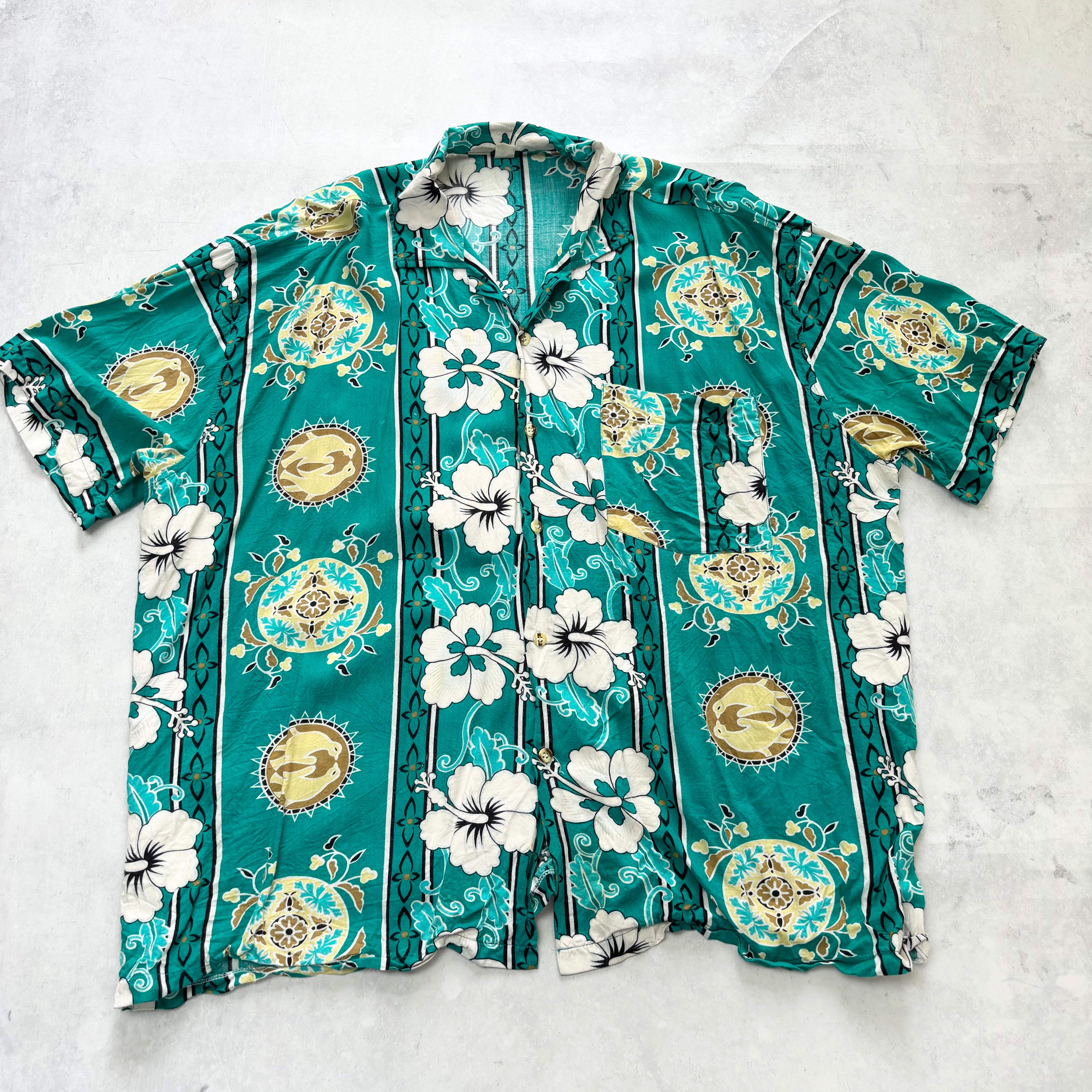 Vintage Hawaiian Shirt Mens XXL Green Floral Aloha Short Sleeve (E)