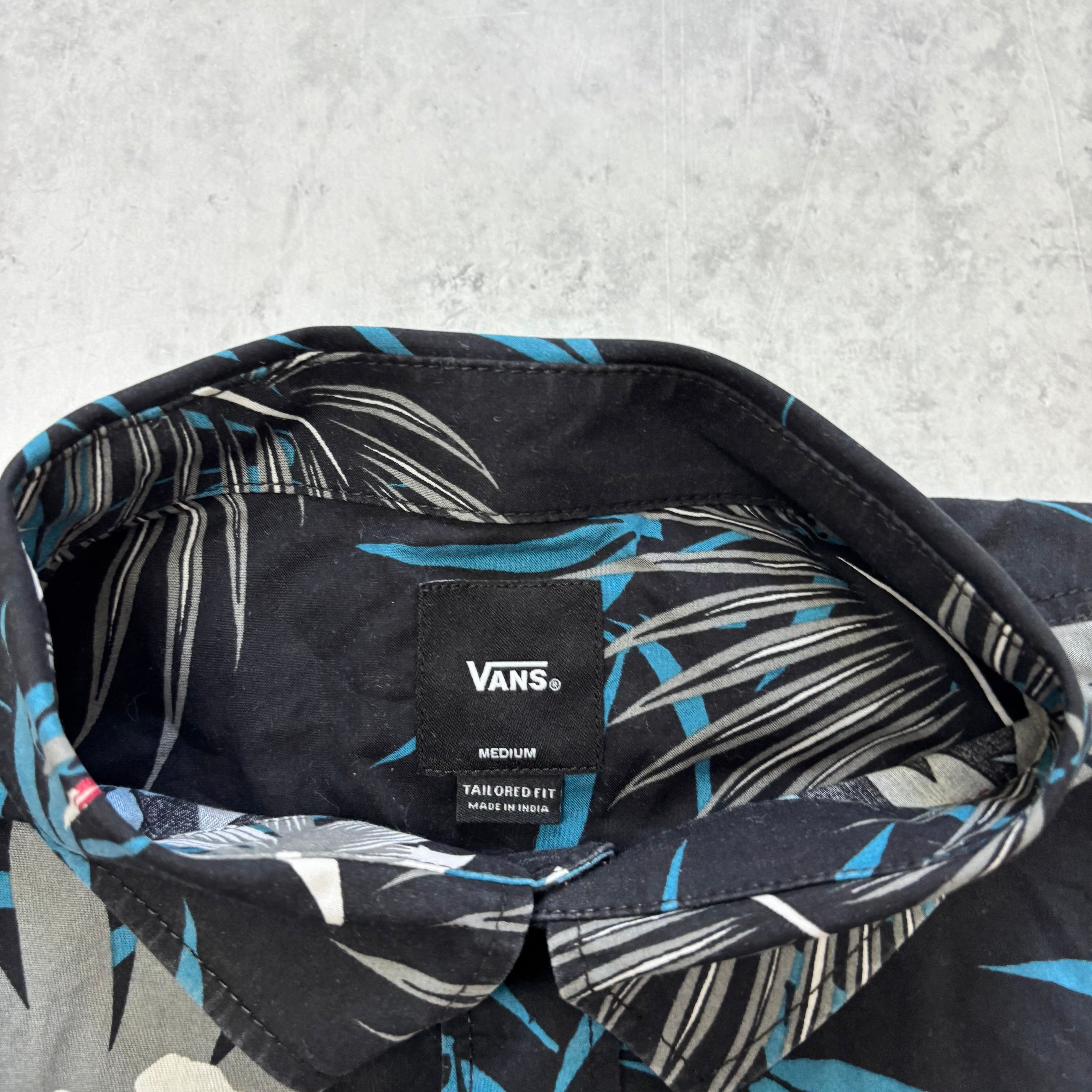 Vans Hawaiian Shirt Mens Medium Black Cotton Floral Aloha Short Sleeve (E)