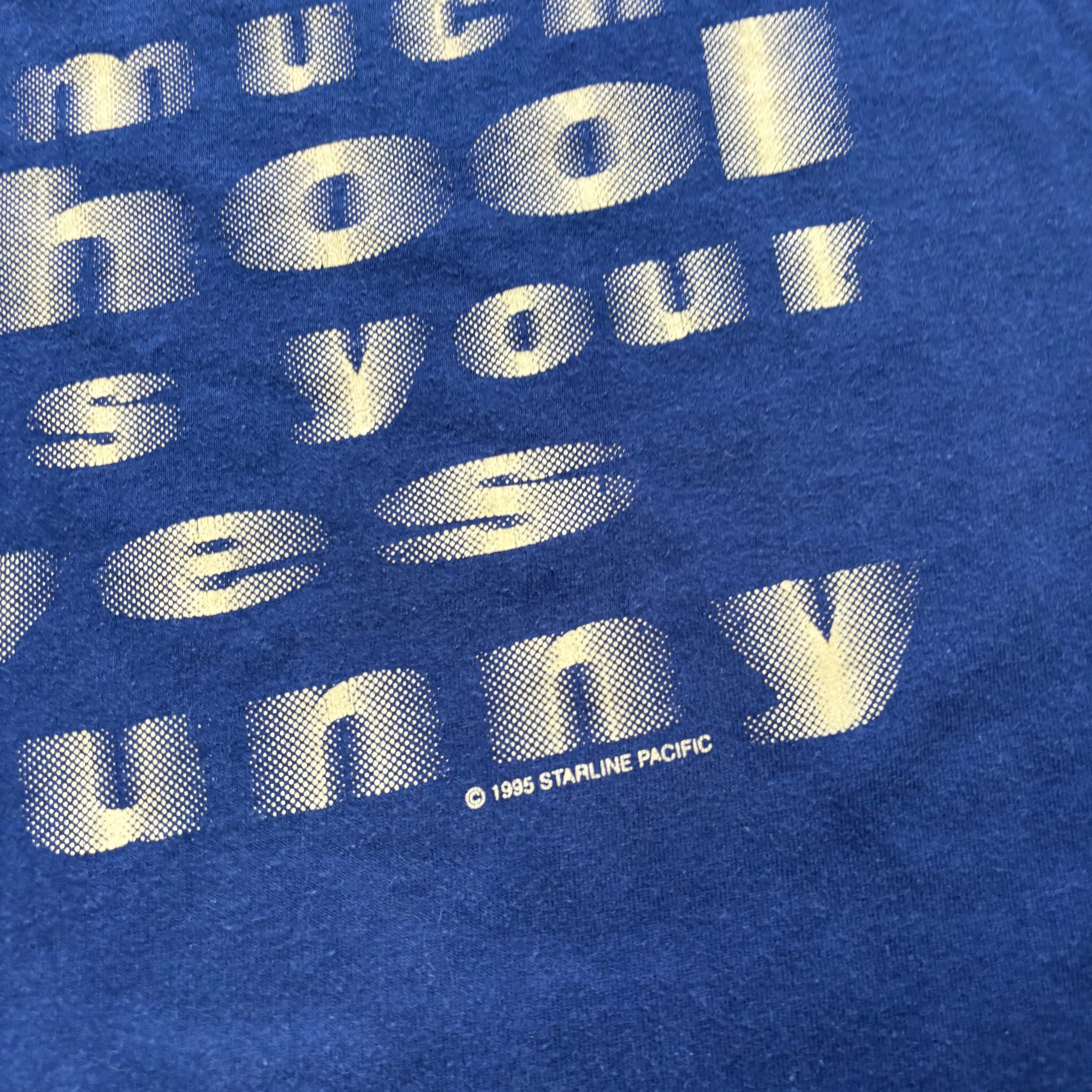 Vintage T Shirt Mens Medium Navy Blue Single Stitch Graphic Print 90s Funny