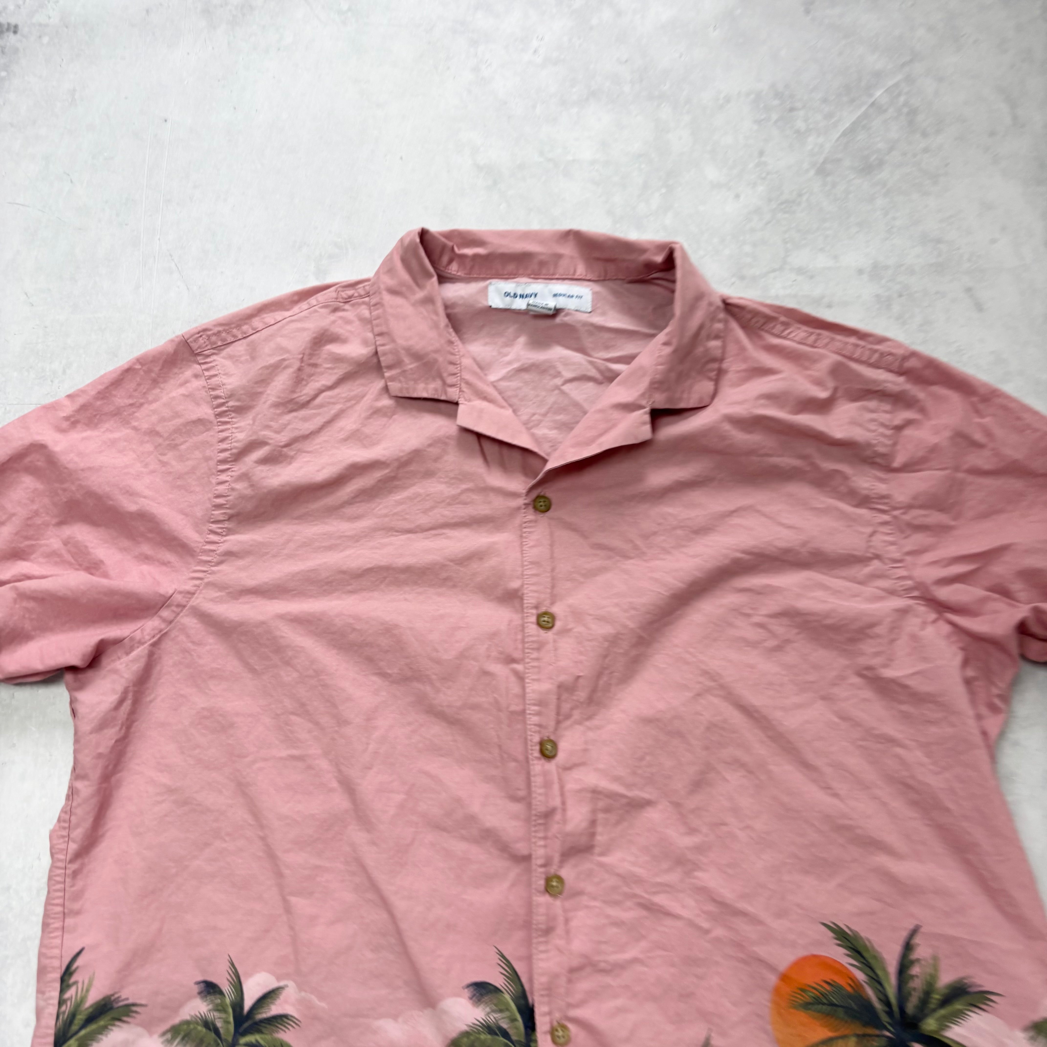 Old Navy Hawaiian Shirt Mens XL Pink Aloha Short Sleeve Cotton Regular Fit (E)