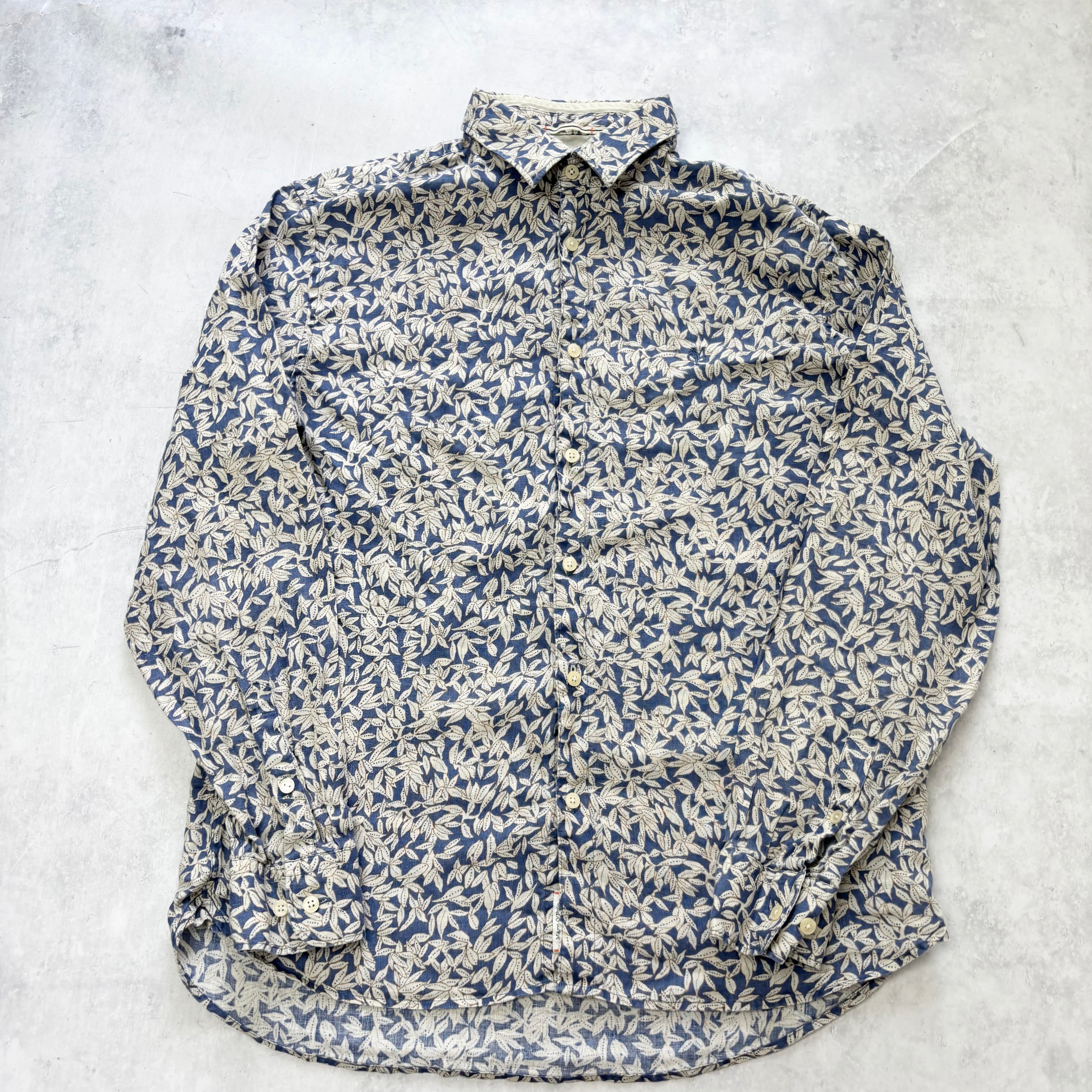 Marc O'Polo Shirt Mens Large Blue Long Sleeve Linen Pattern Regular Fit (E)