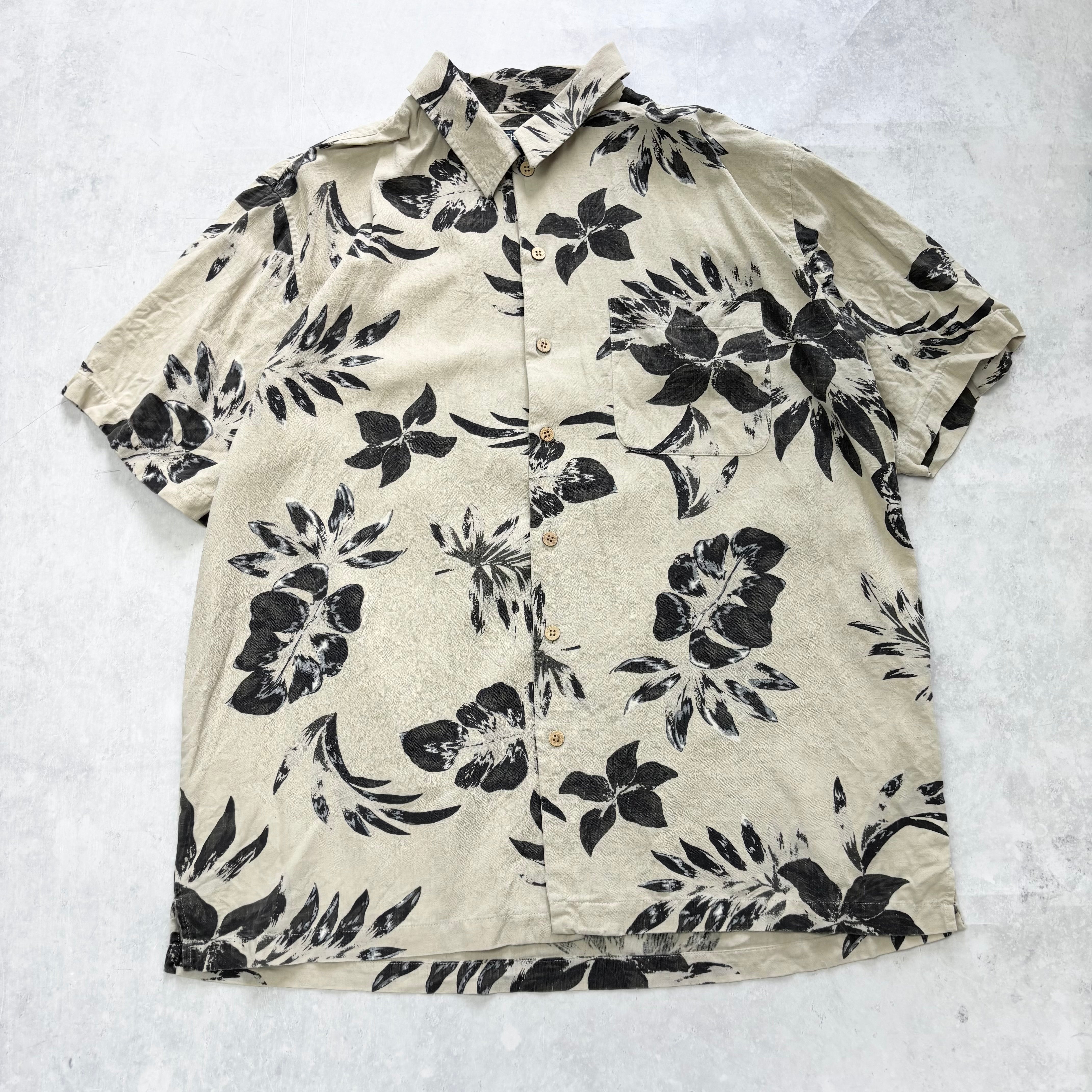 Vintage Hawaiian Shirt Mens Large Beige Silk Floral Aloha Short Sleeve (E)