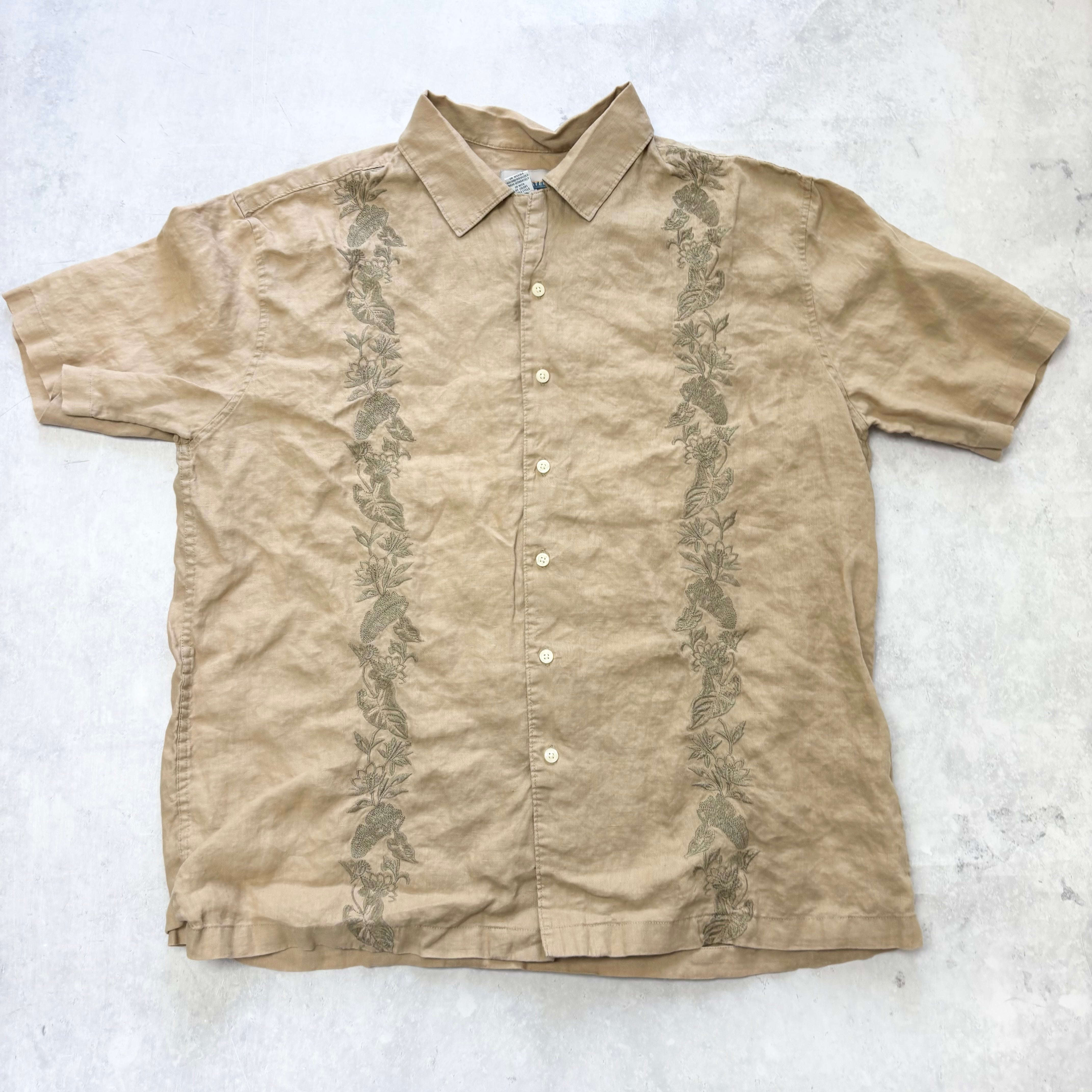 Vintage Hawaiian Shirt Mens Large Brown Floral Aloha Short Sleeve Linen (E)