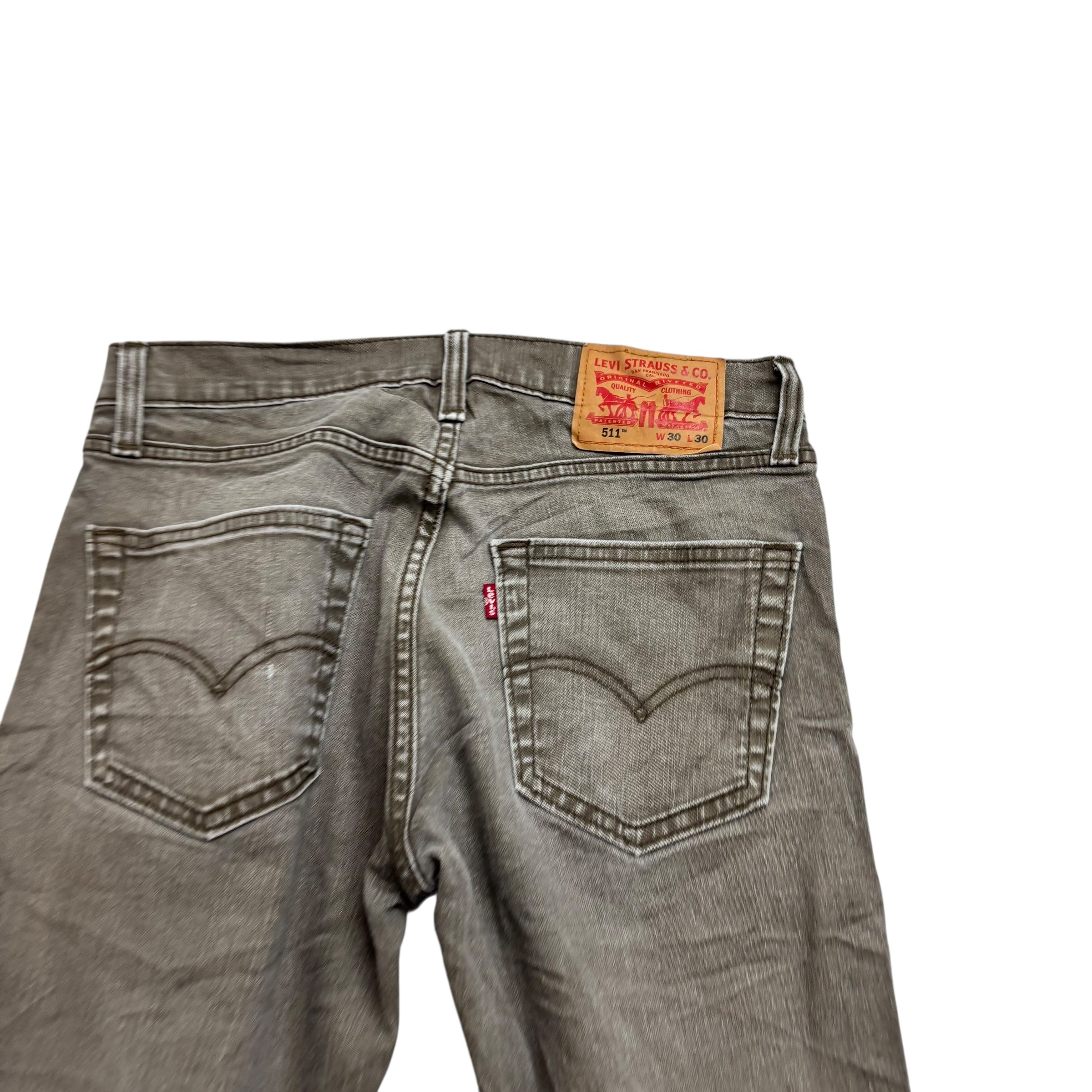 Levis 511 Jeans W30 L29 Mens Olive Green Slim Fit Stretch Waxed Denim (F)