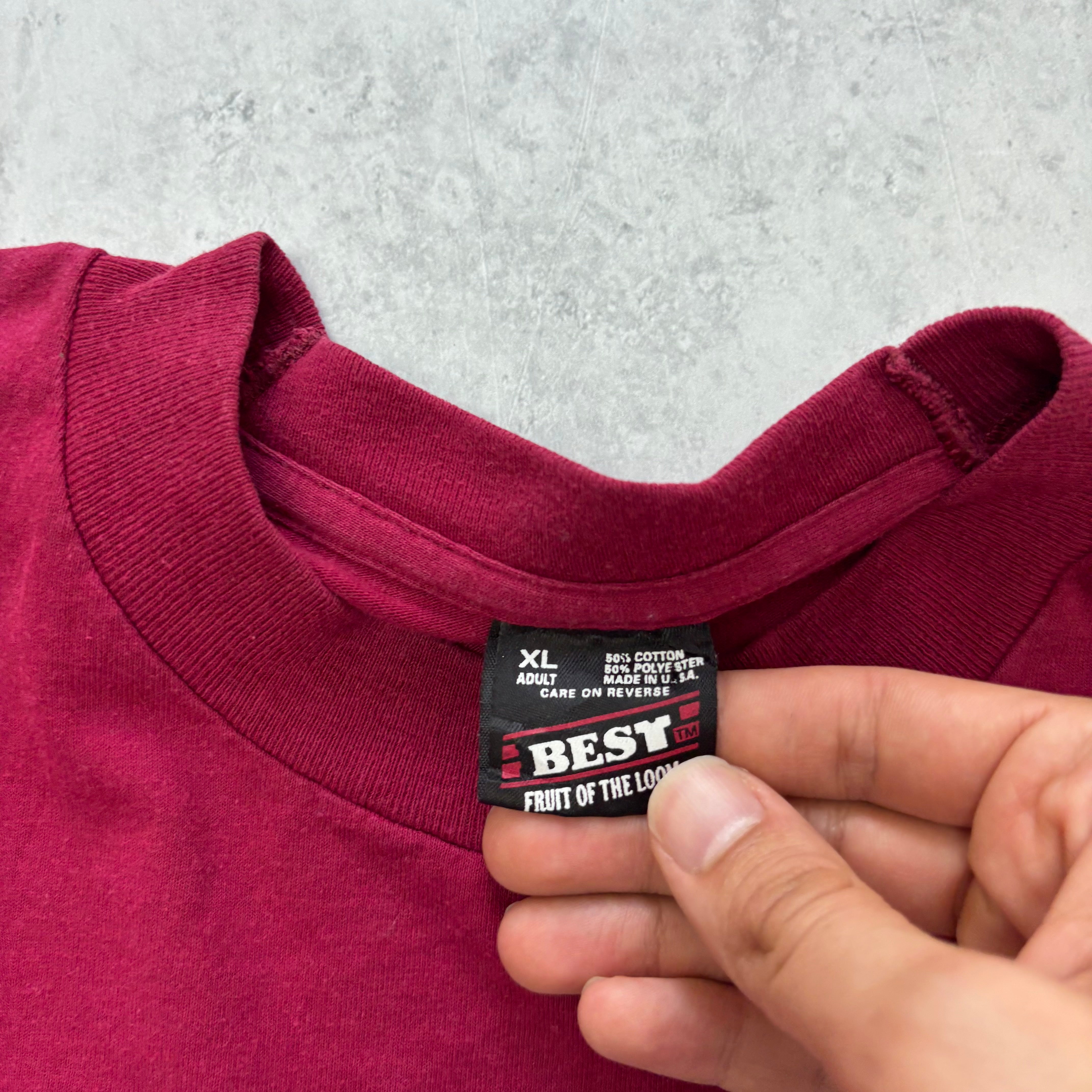 Vintage T Shirt Mens Large Burgundy Single Stitch Graphic Print 90s College (E)