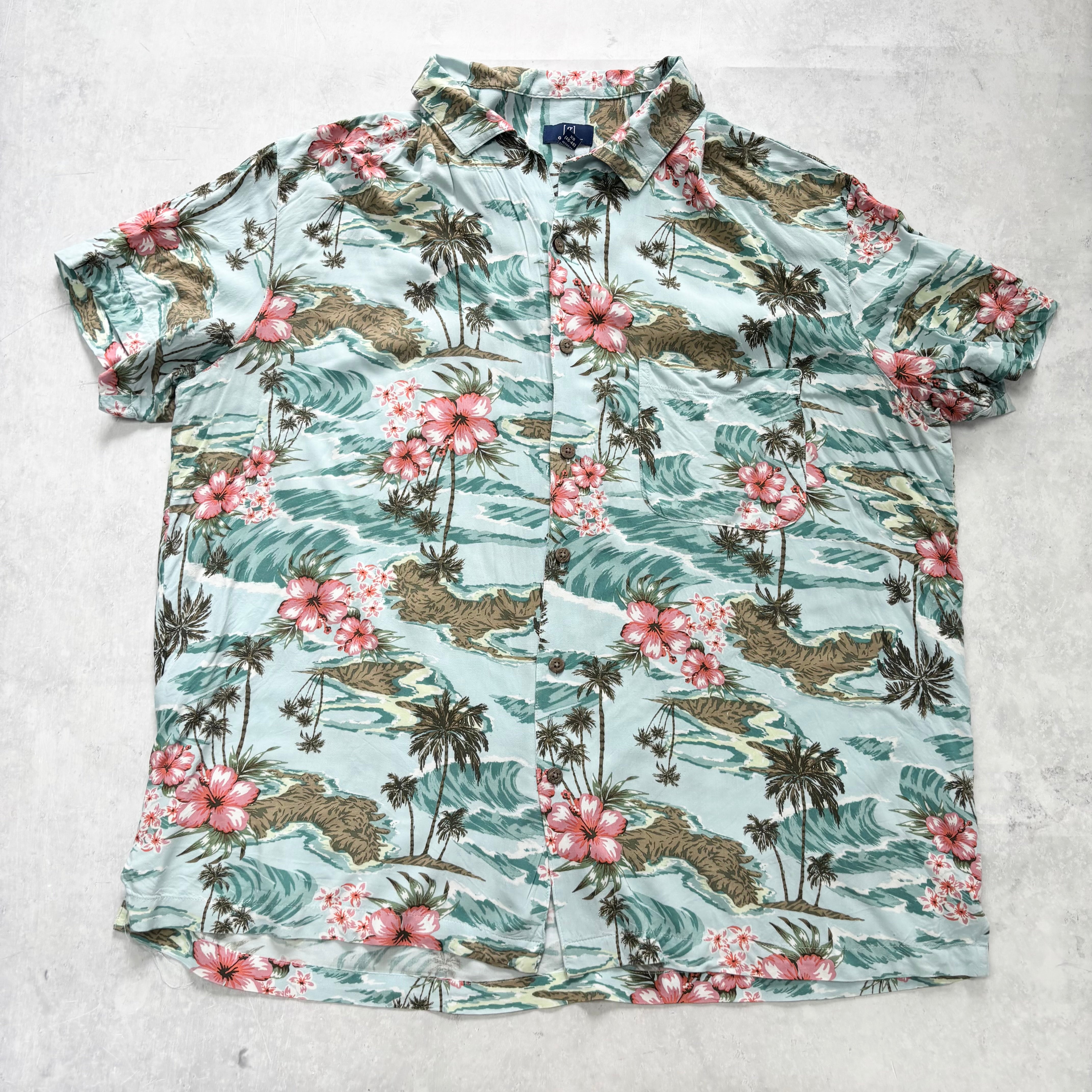 Hawaiian Shirt Mens XL Blue Floral Aloha Short Sleeve Rayon (E)