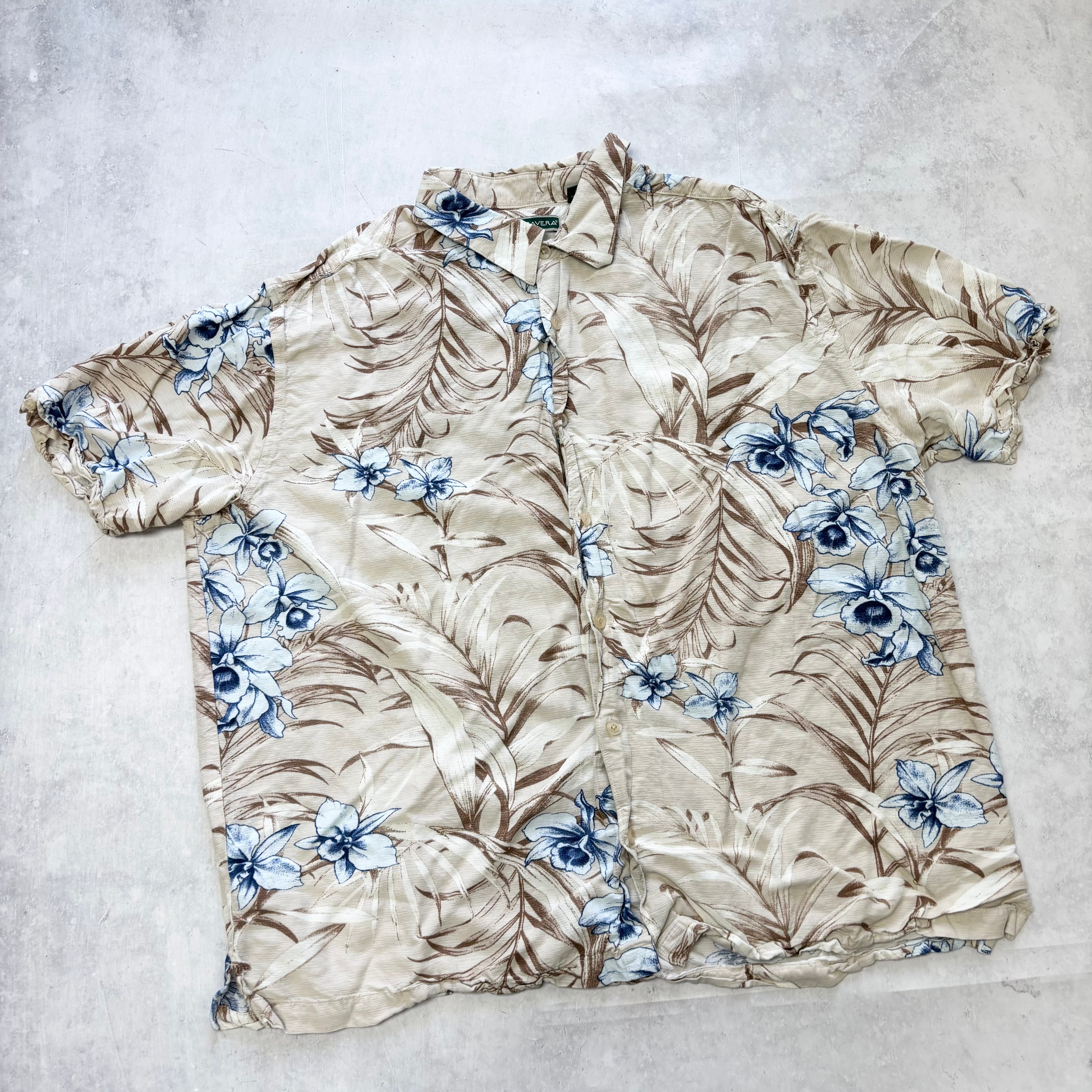 Vintage Hawaiian Shirt Mens XXL Beige Floral Aloha Short Sleeve Rayon (E)