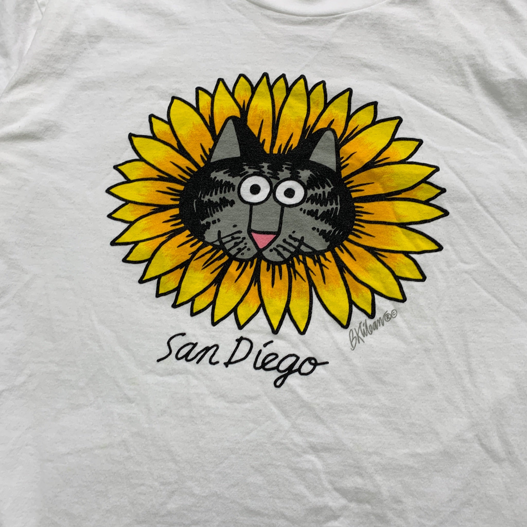 Vintage T Shirt Mens Large White Graphic Print 90s USA Sunflower Cat