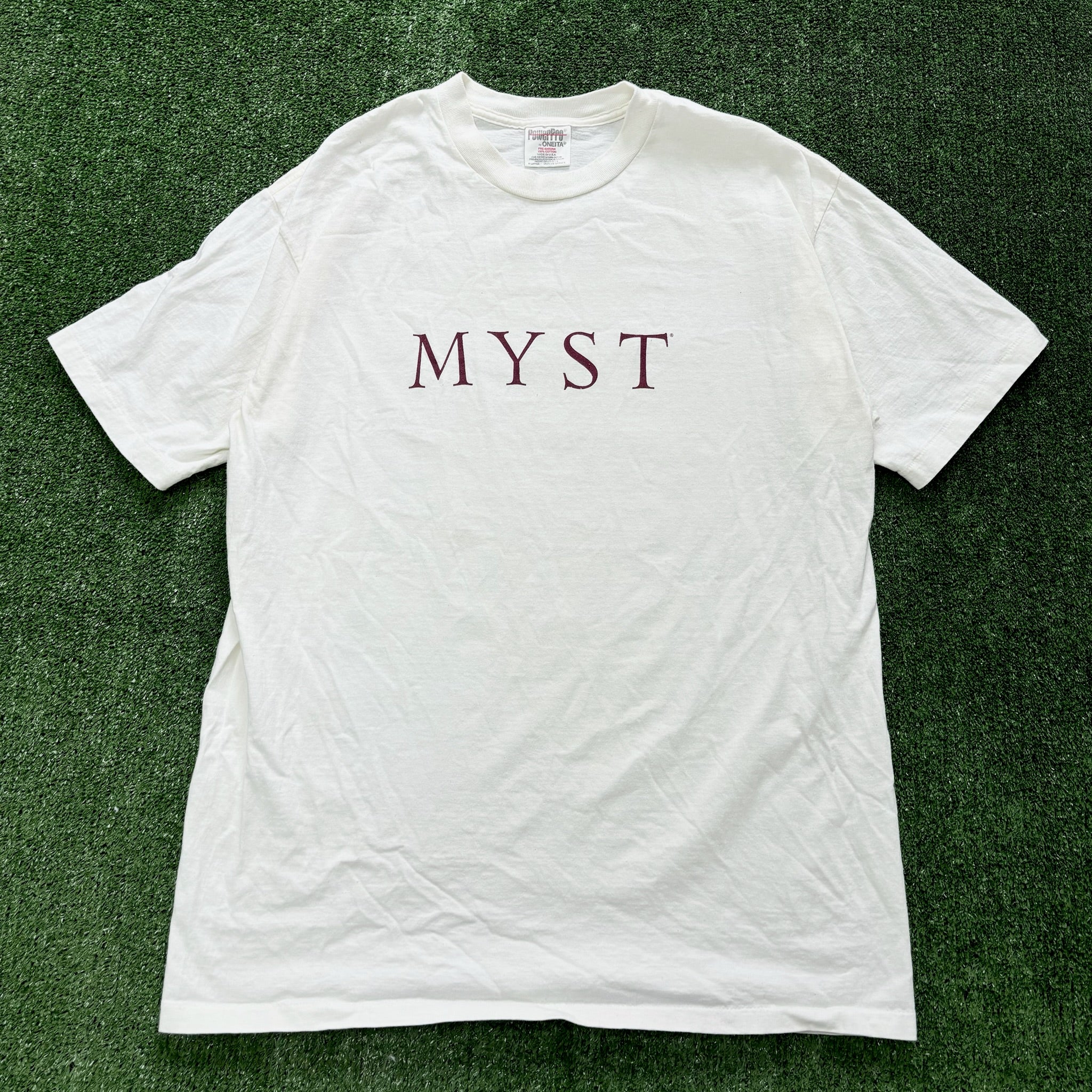 Vintage T Shirt Mens Large Cream Single Stitch Graphic Print Myst Video Game