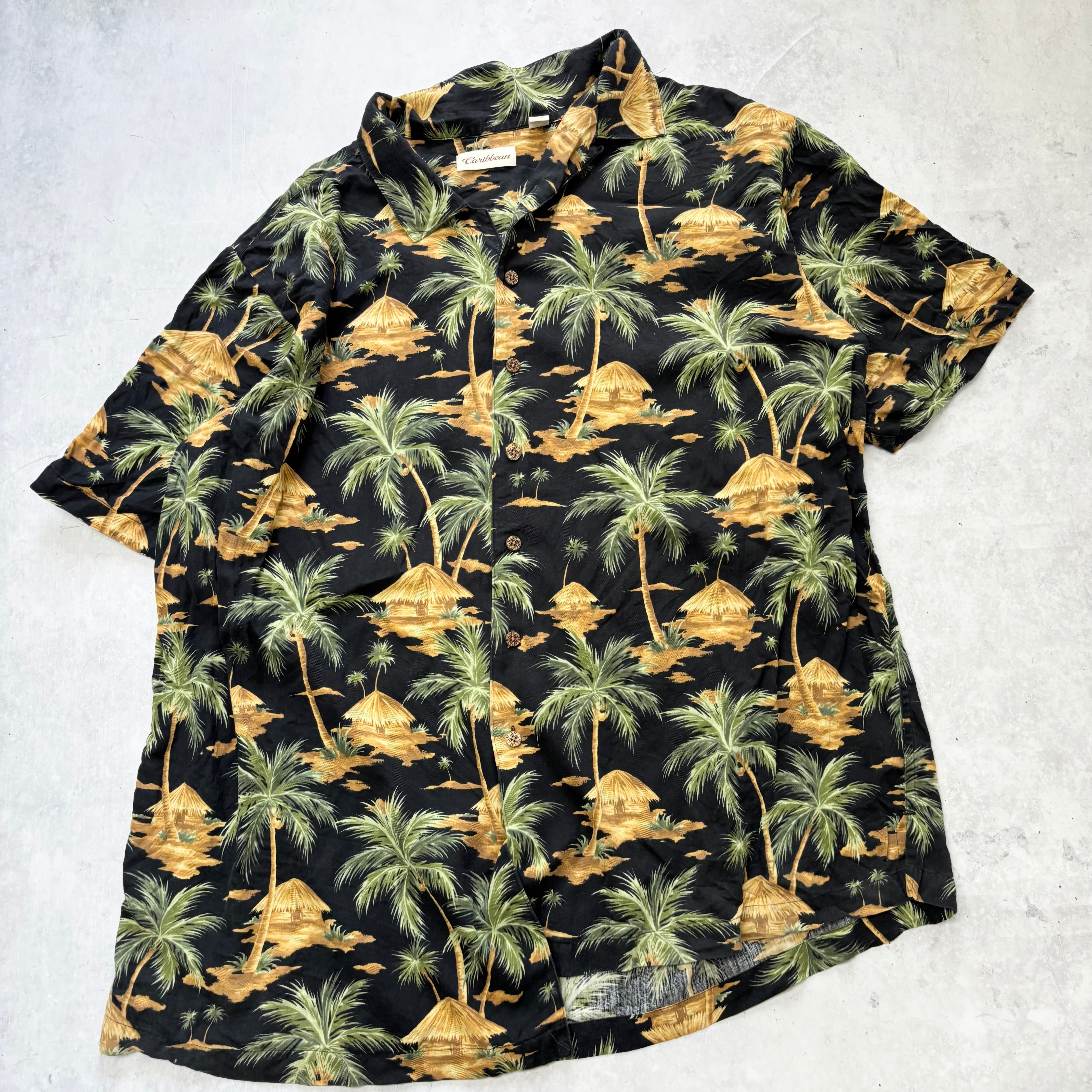 Vintage Hawaiian Shirt Mens 3XL Tall Black Floral Aloha Short Sleeve Silk (E)