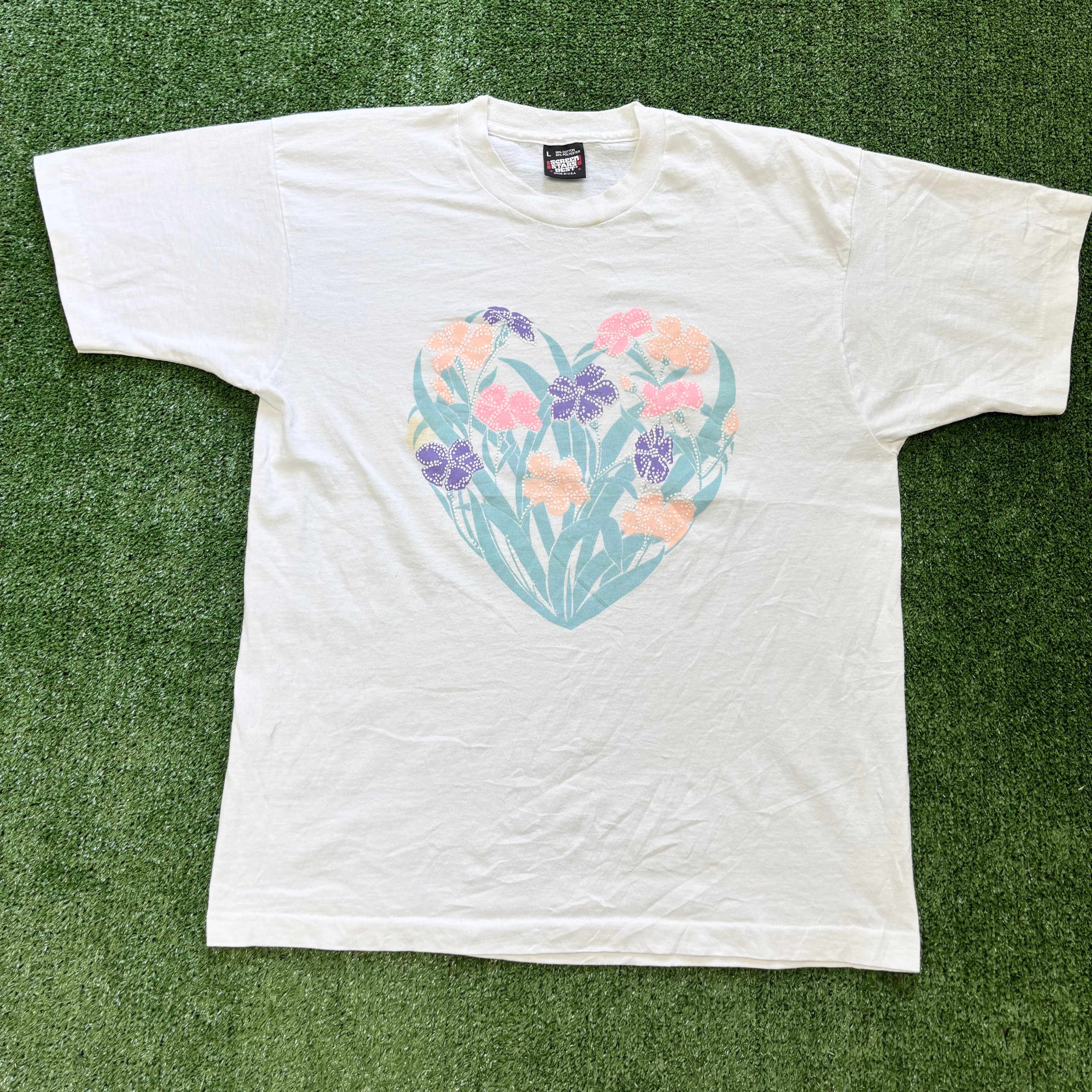 Vintage T Shirt Mens Medium White Single Stitch Graphic Print 90s Flowers (F)