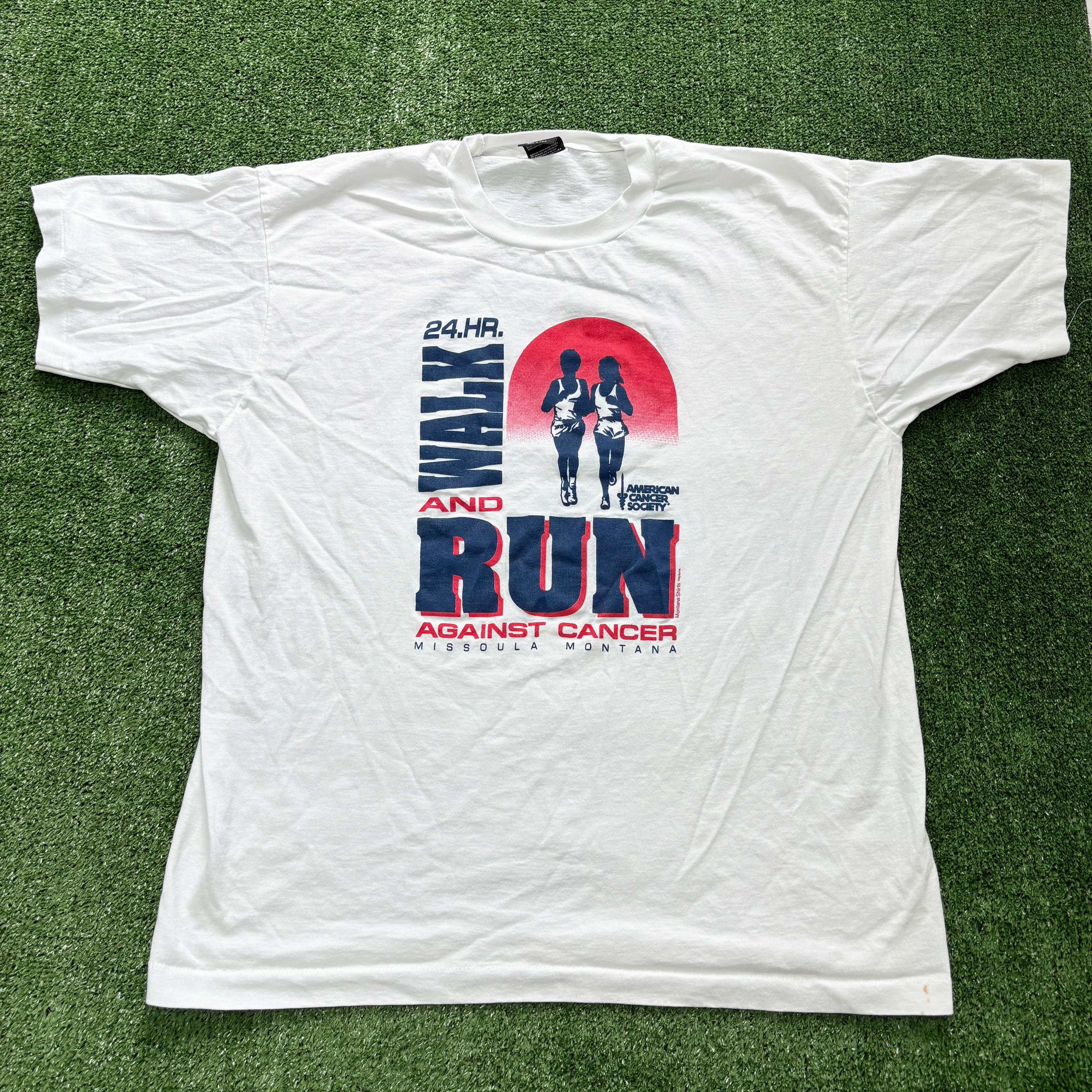 Vintage T Shirt Mens Large White Single Stitch Graphic Print 90s USA Run (E)