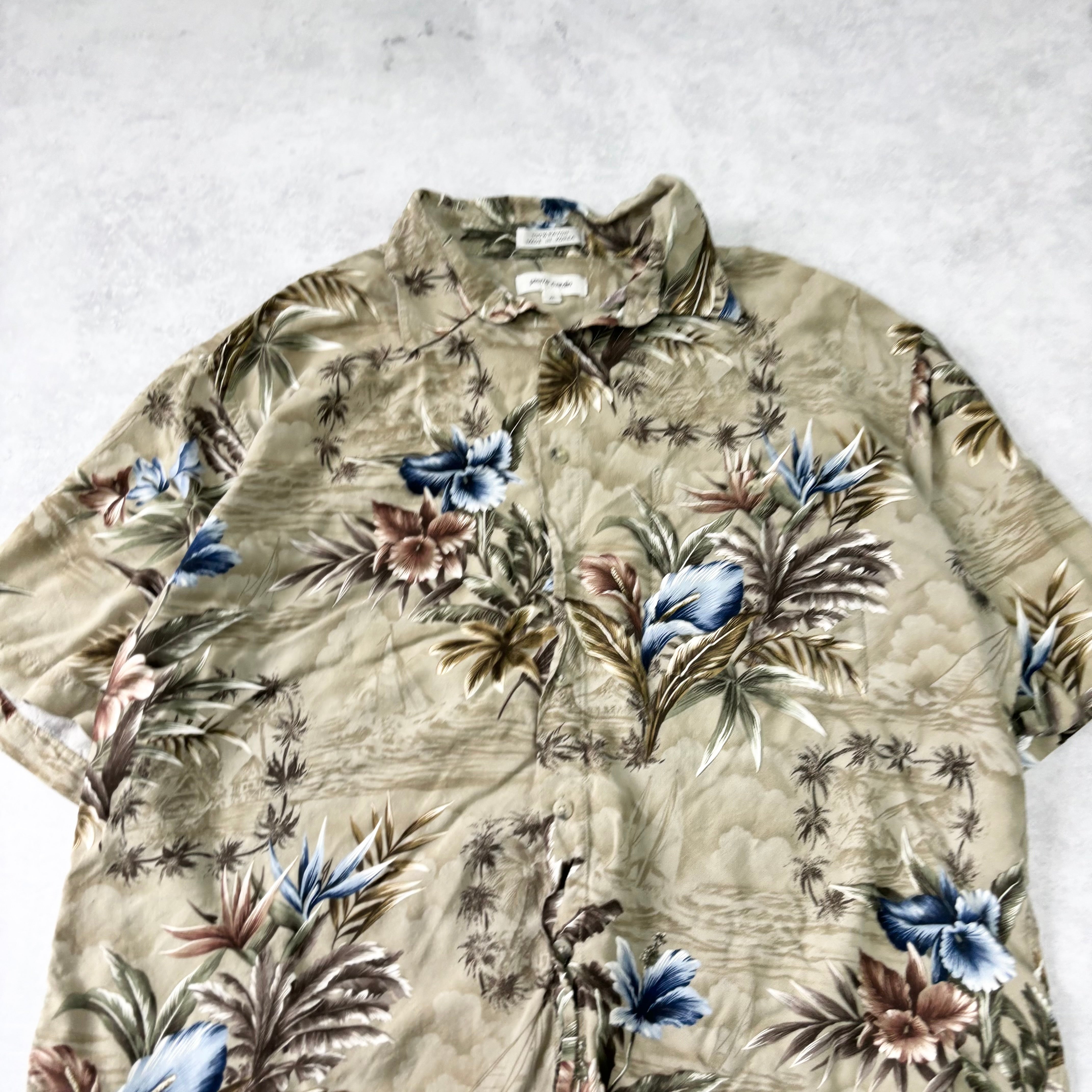Vintage Hawaiian Shirt Mens XL Green Floral Aloha Short Sleeve Rayon (E)
