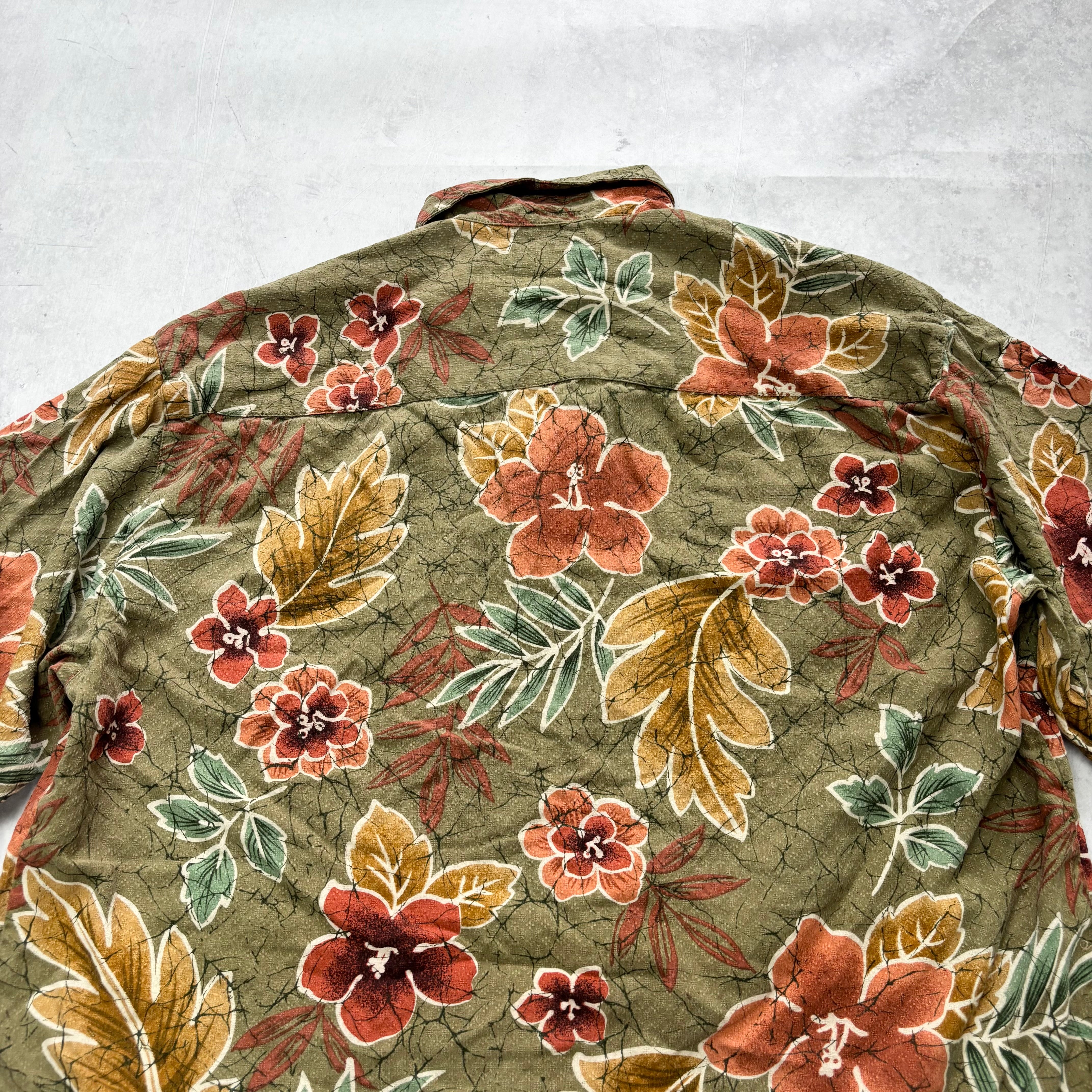 Vintage Hawaiian Shirt Mens Large Green Floral Aloha Short Sleeve Silk (E)