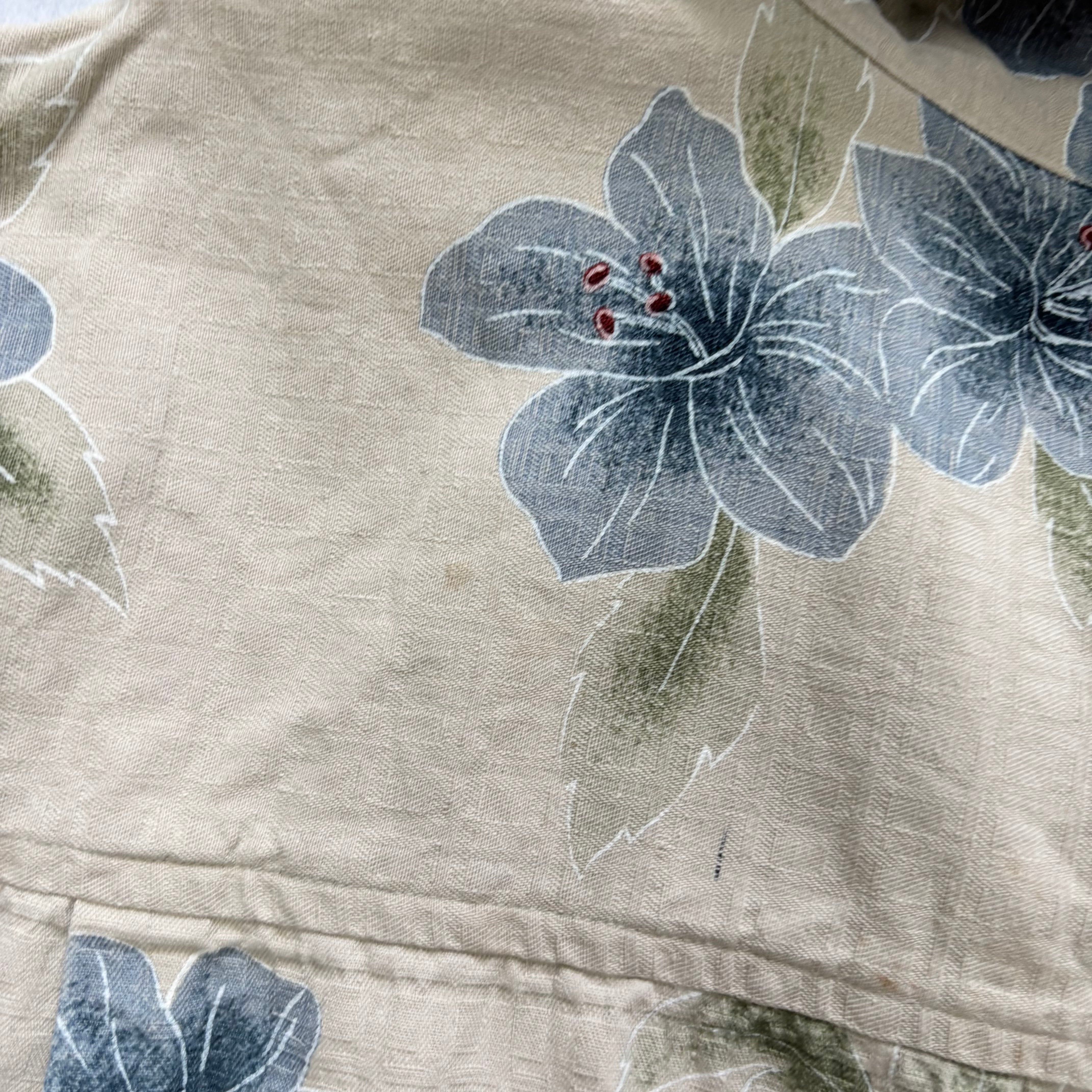 Vintage Hawaiian Shirt Mens Large Beige Silk Floral Aloha Short Sleeve