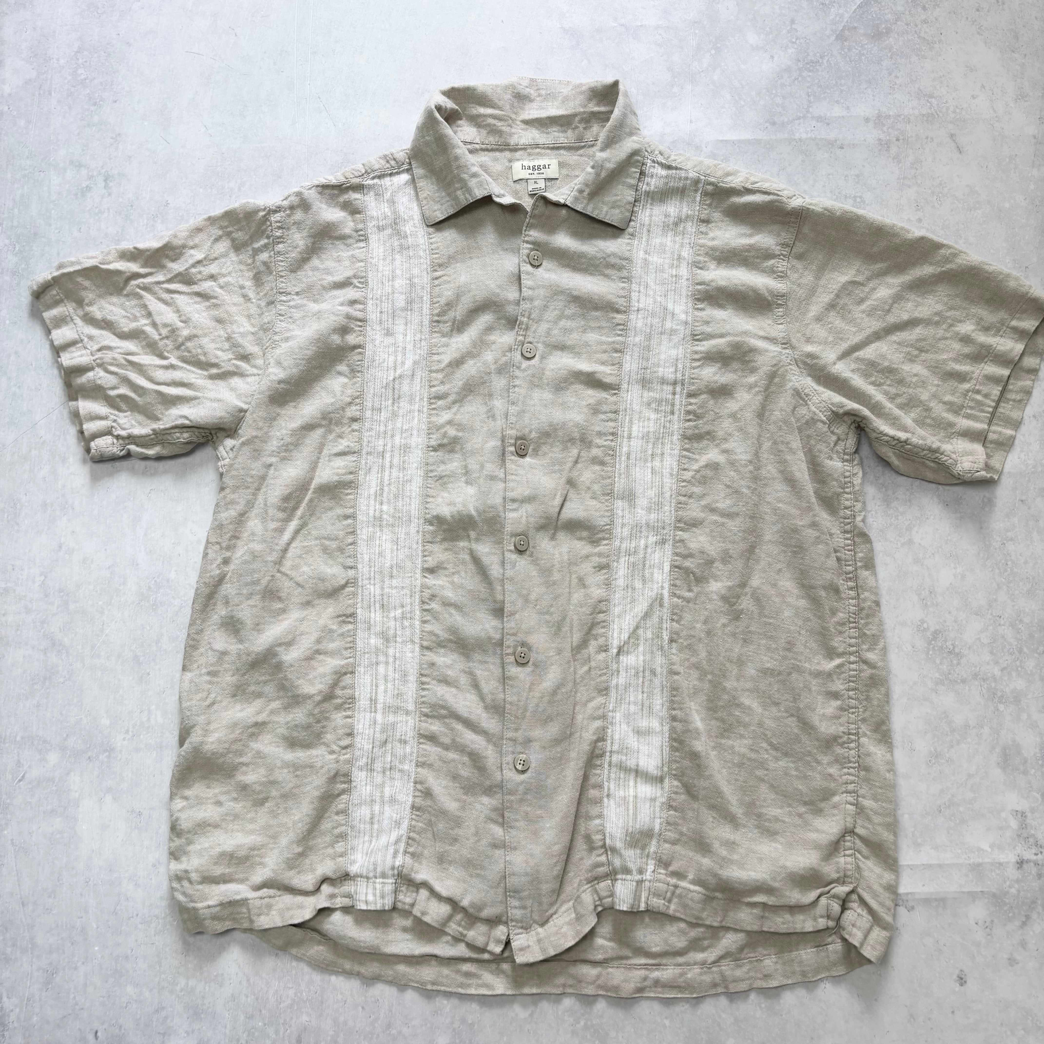 Vintage Shirt Mens XL Beige Striped Short Sleeve Linen Blend (E)