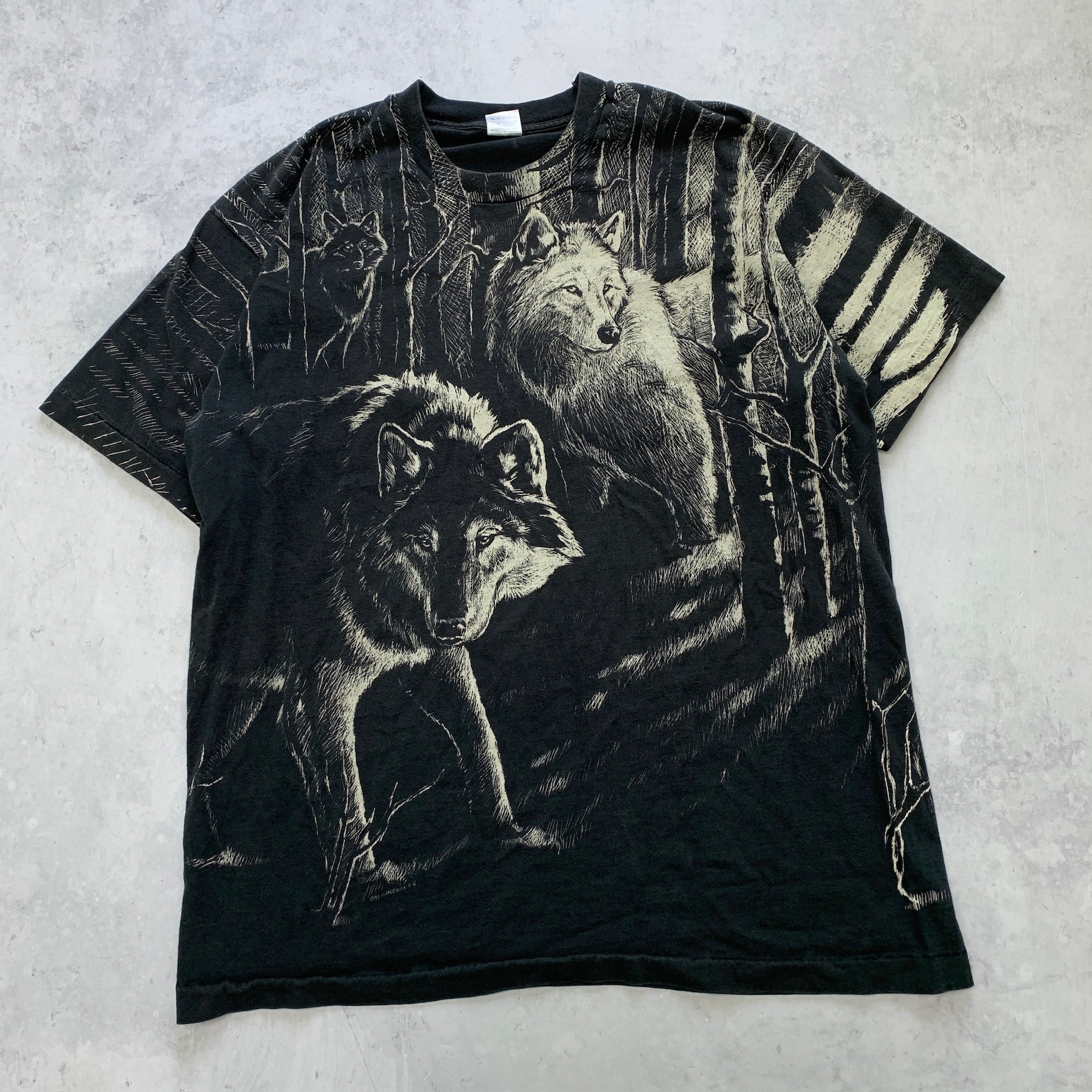 Vintage T Shirt Mens XL Black Single Stitch Graphic Print 90s AOP Wolves Nature