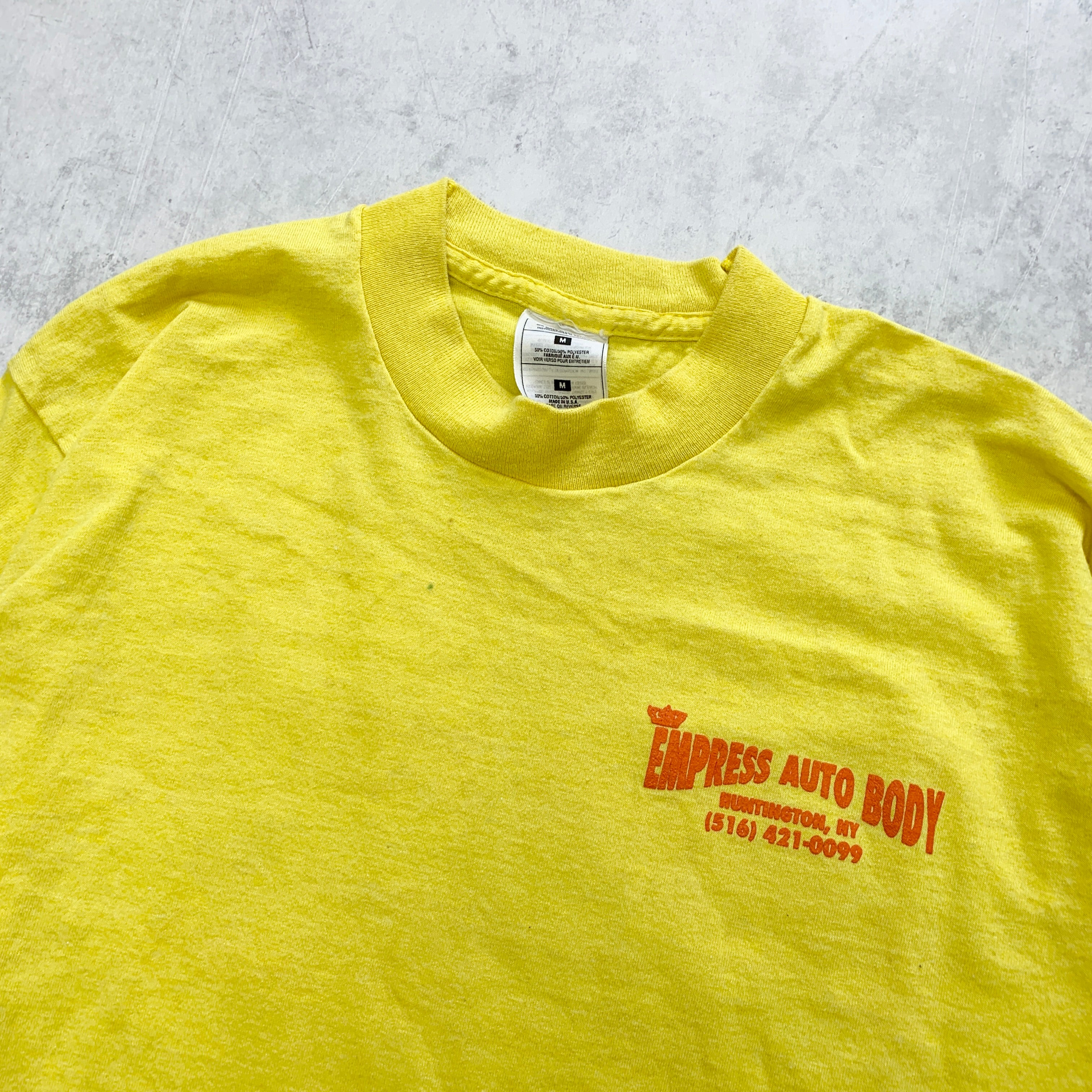 Vintage T Shirt Mens Small Yellow Single Stitch Graphic Print 90s USA Car Auto