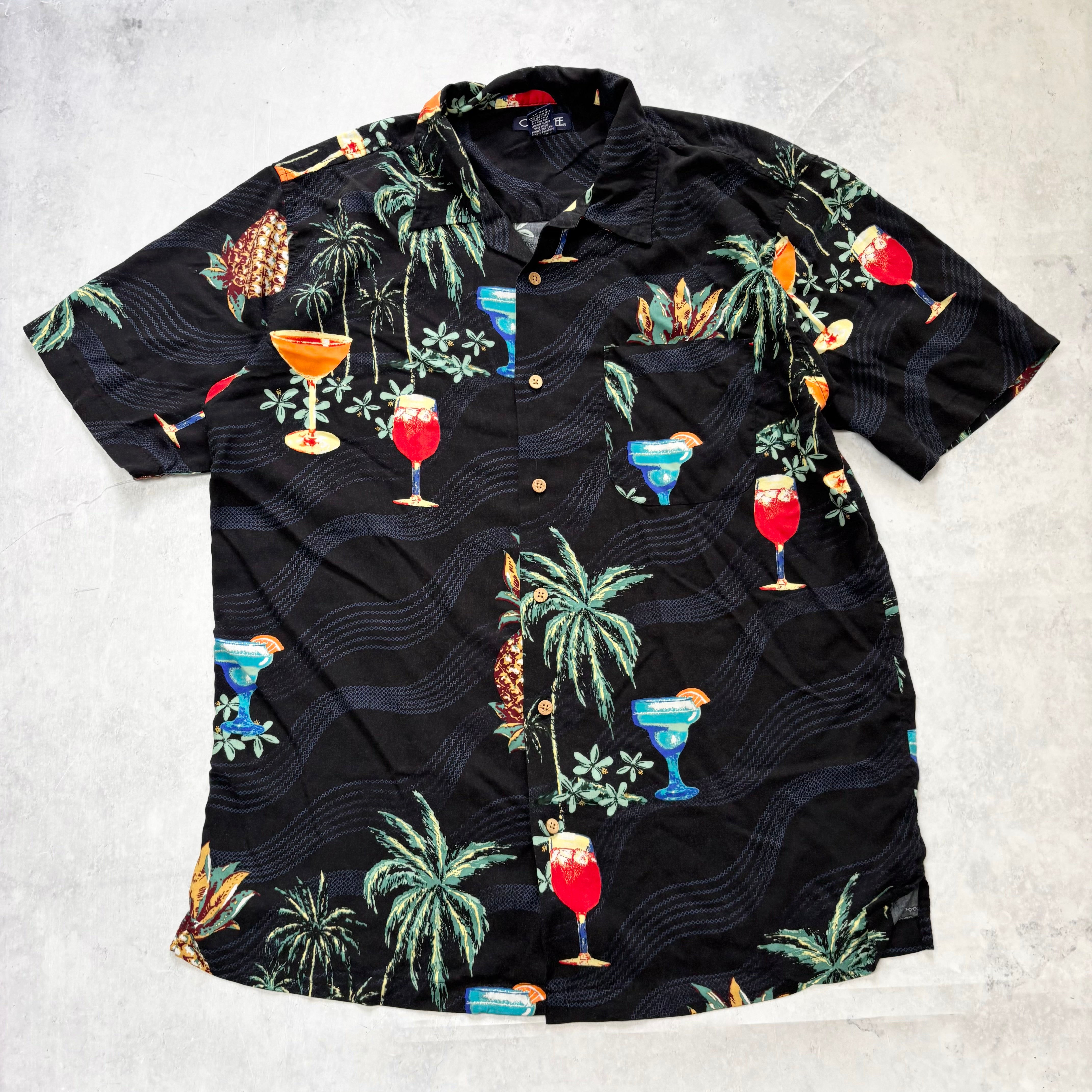 Vintage Hawaiian Shirt Mens Large Black Floral Aloha Short Sleeve Rayon (E)