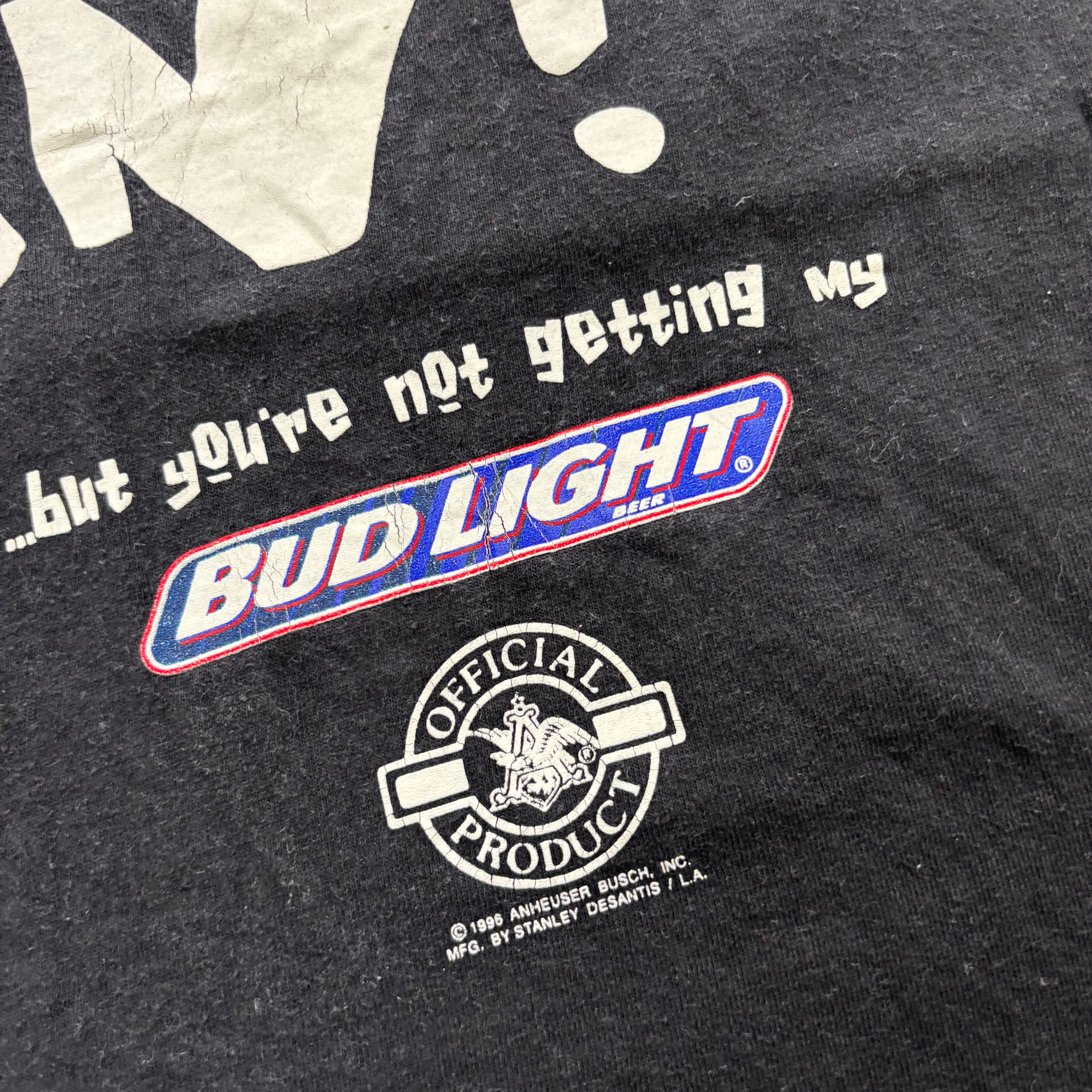 Vintage T Shirt Mens XL Black Single Stitch Graphic Print 90s Bud Light Beer (E)