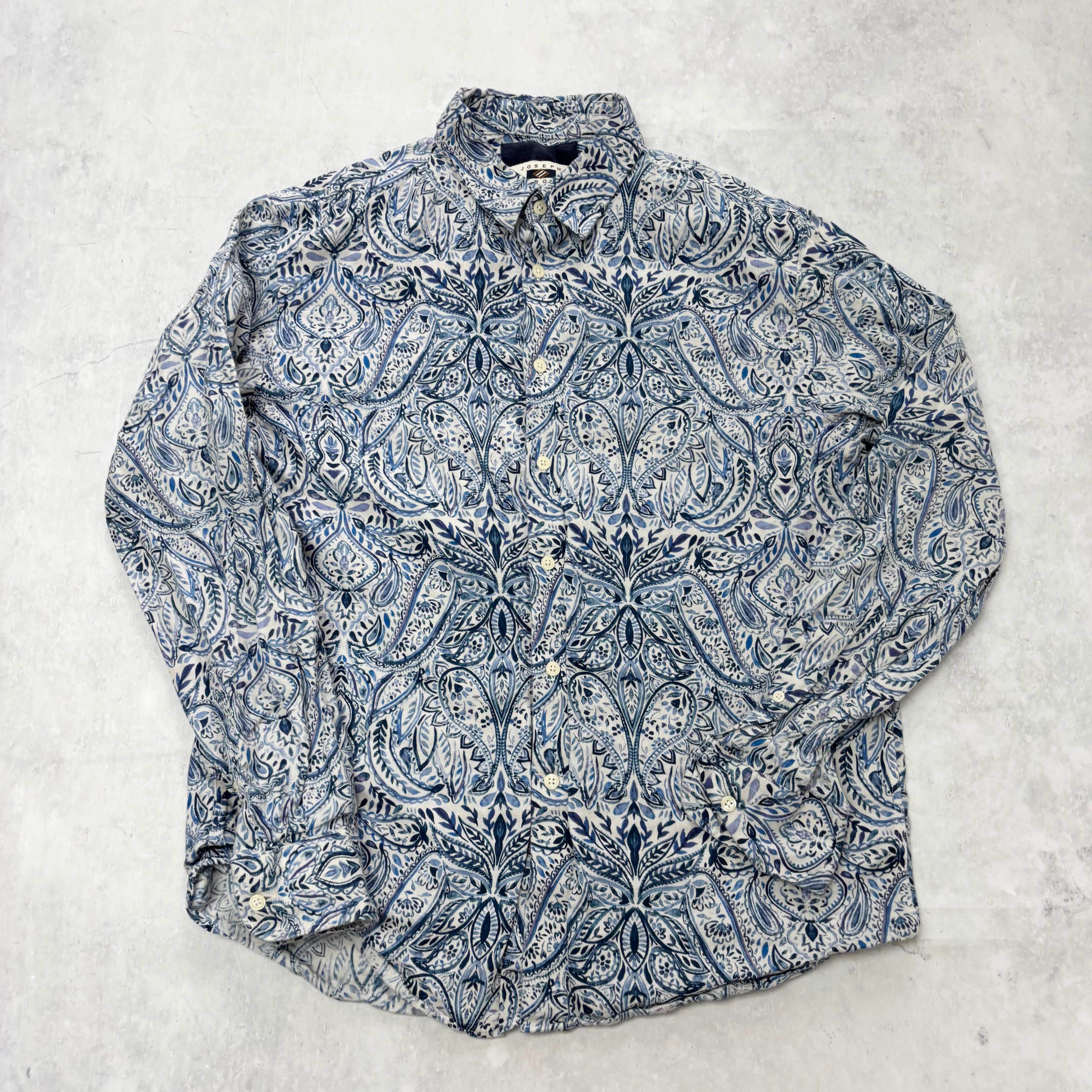 Mens Patterned Shirt Large Blue Abstract Print Long Sleeve Linen (E)