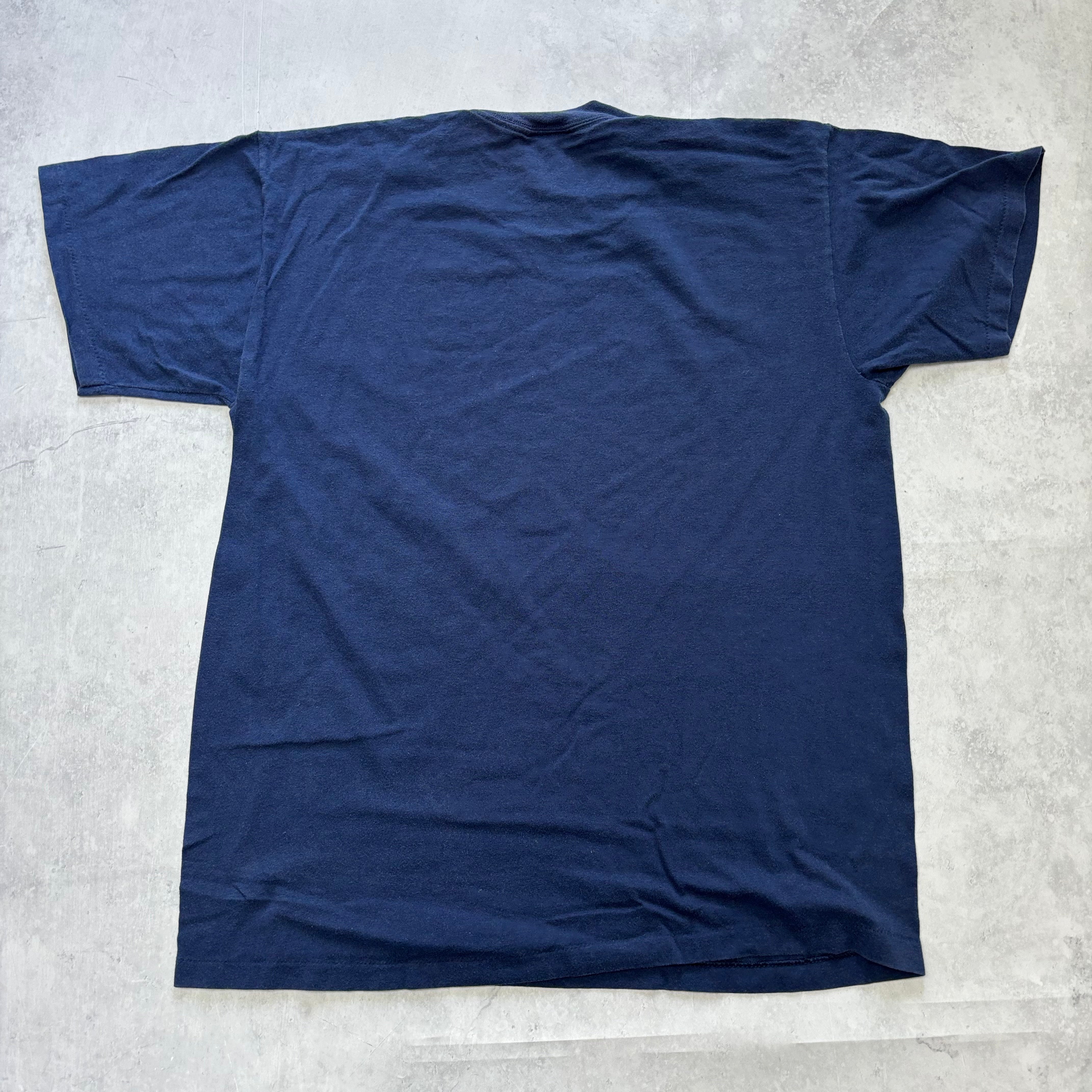 Vintage T Shirt Mens Medium Navy Blue Single Stitch Graphic Print 90s Funny