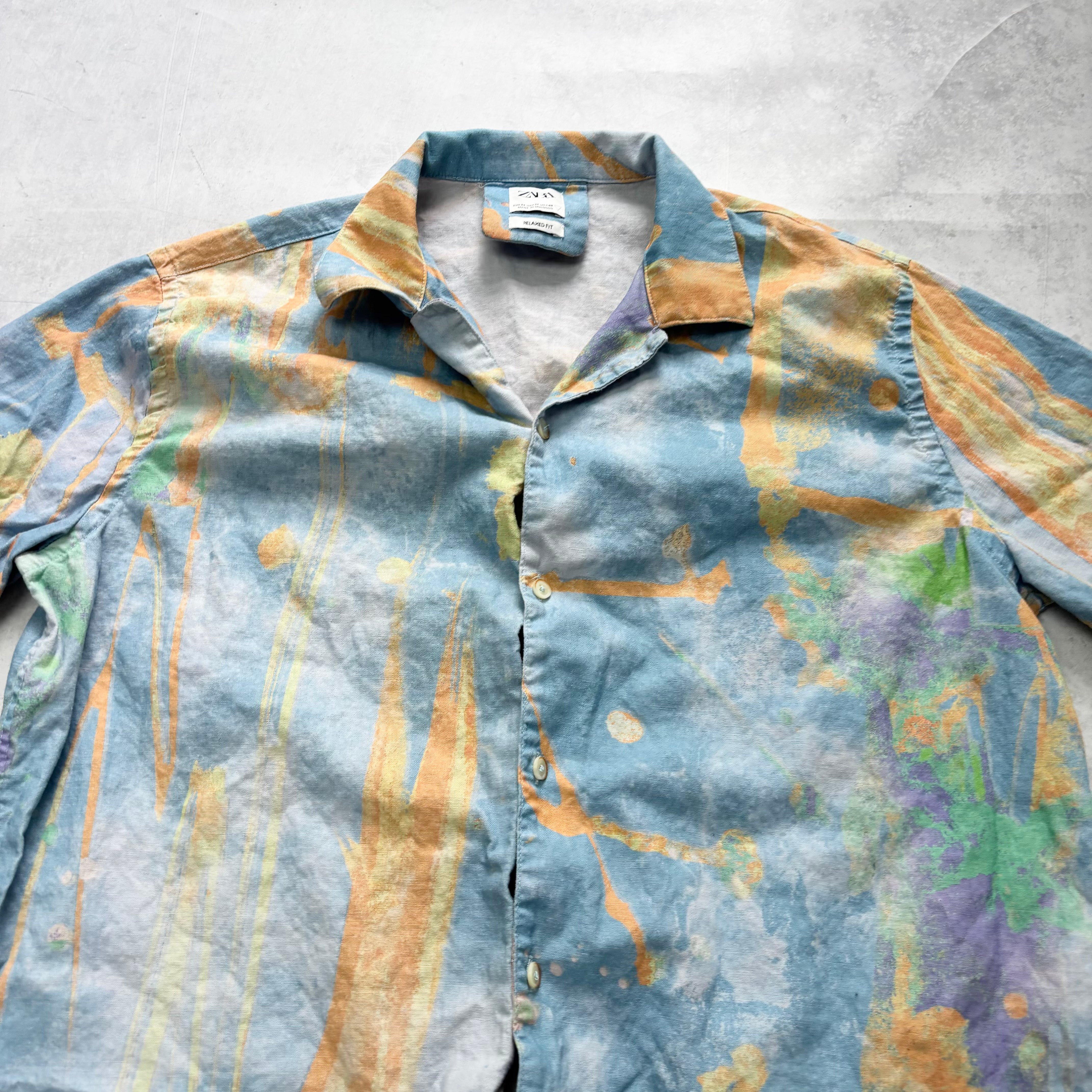 Zara Shirt Mens Medium Linen Art Abstract Relaxed Fit (E)