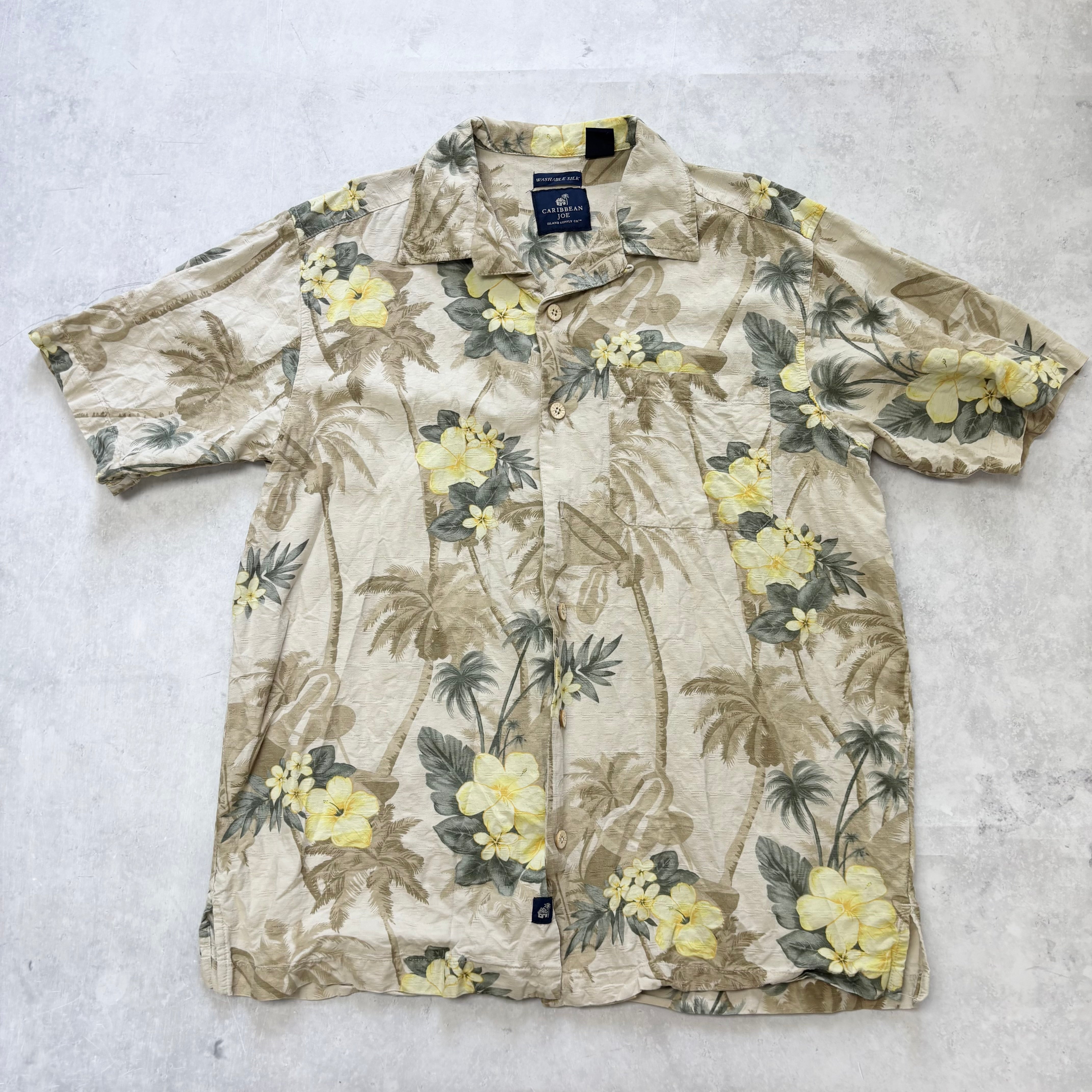 Vintage Hawaiian Shirt Mens Medium Beige Floral Aloha Short Sleeve Silk