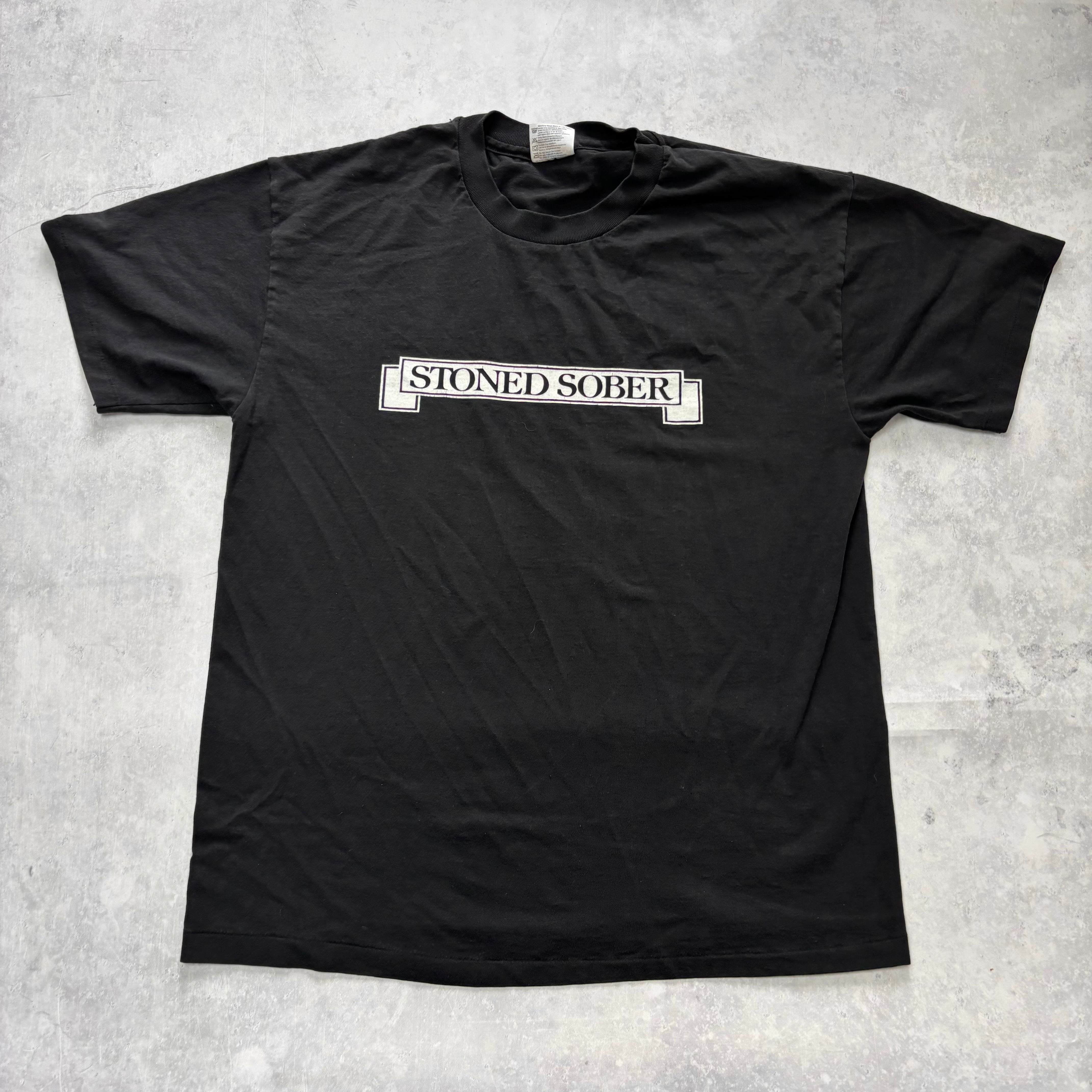 Vintage T Shirt Mens Large Black Single Stitch Graphic Print 90s Sober (E)